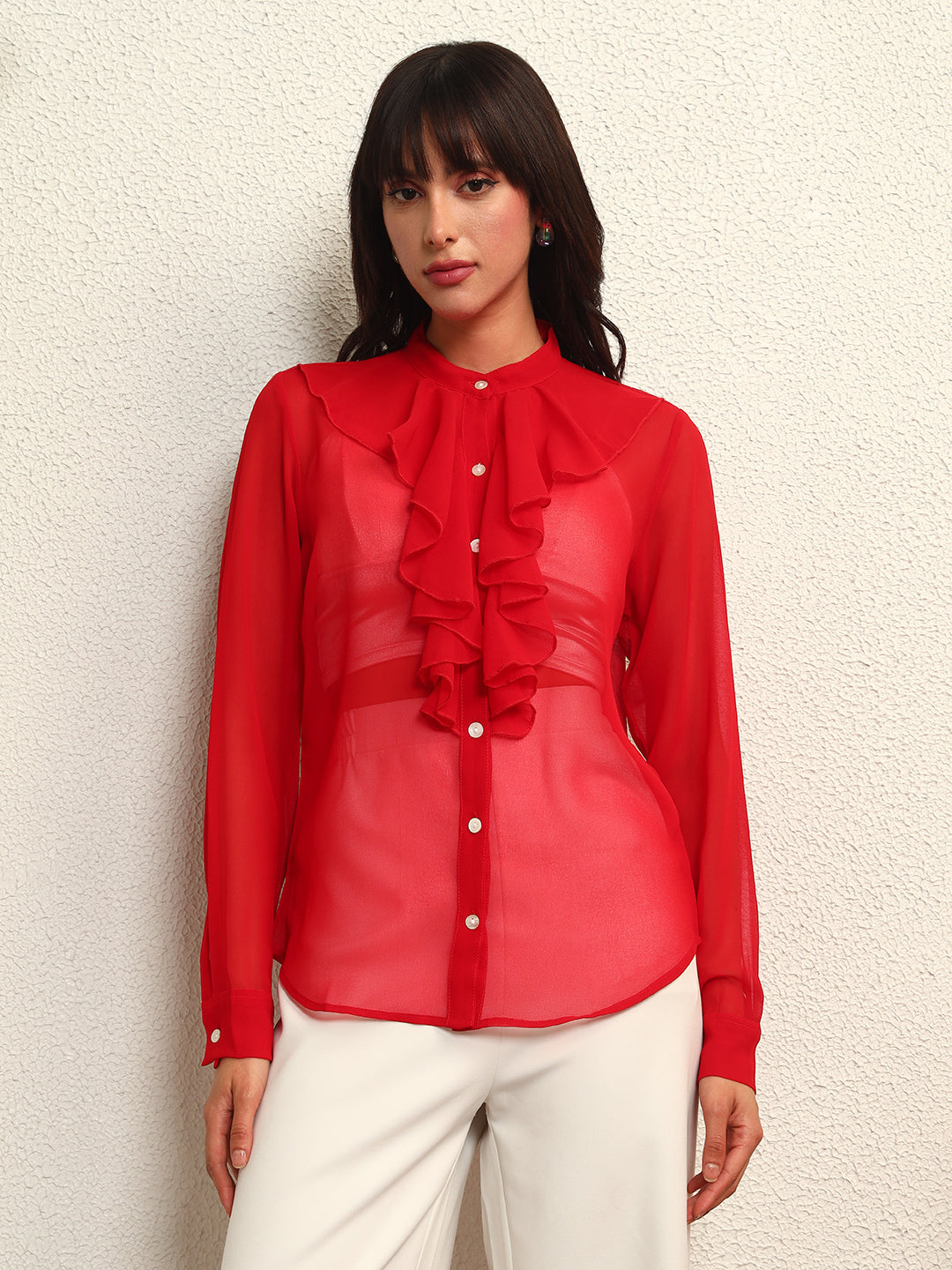 TANDUL Elegant Red Ruffled Detailed Shirt