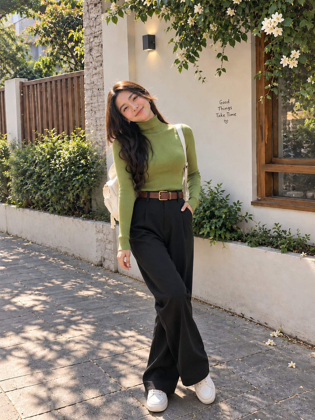 TANDUL Women Matcha Green Ribbed Knit Turtleneck Sweater