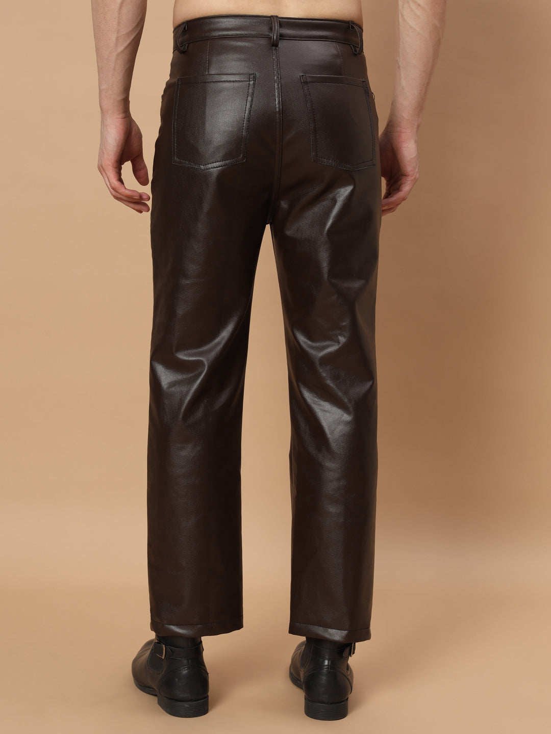 TANDUL Men Regular Fit Brown Faux Leather Trousers