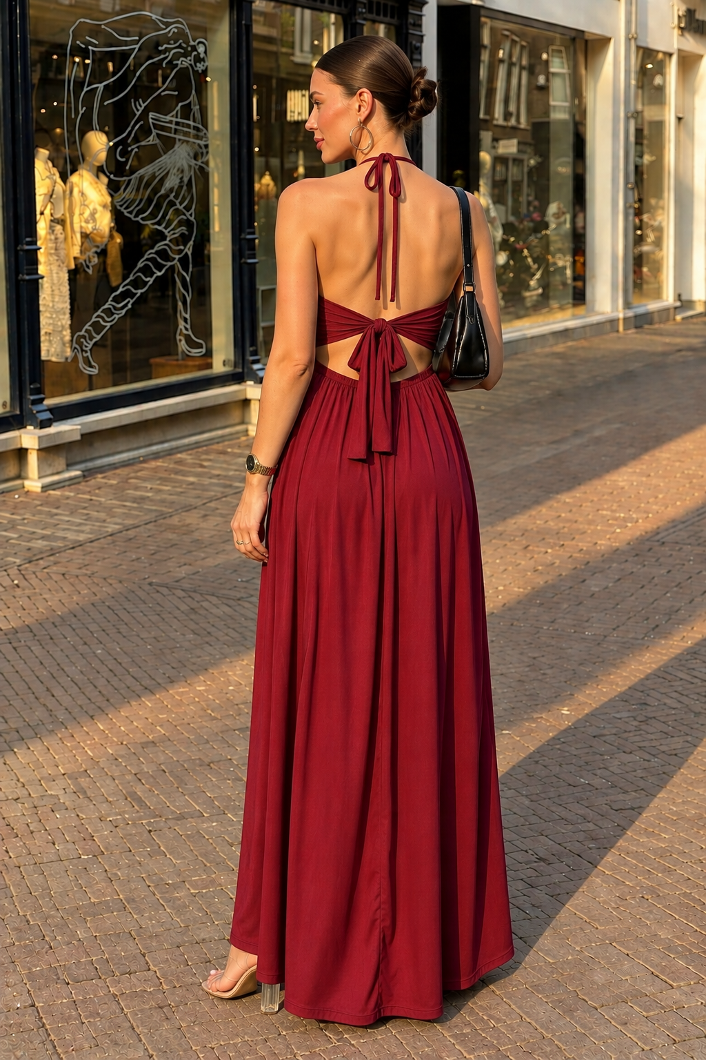 TANDUL Women Maroon Ruched Bust Keyhole Maxi Dress