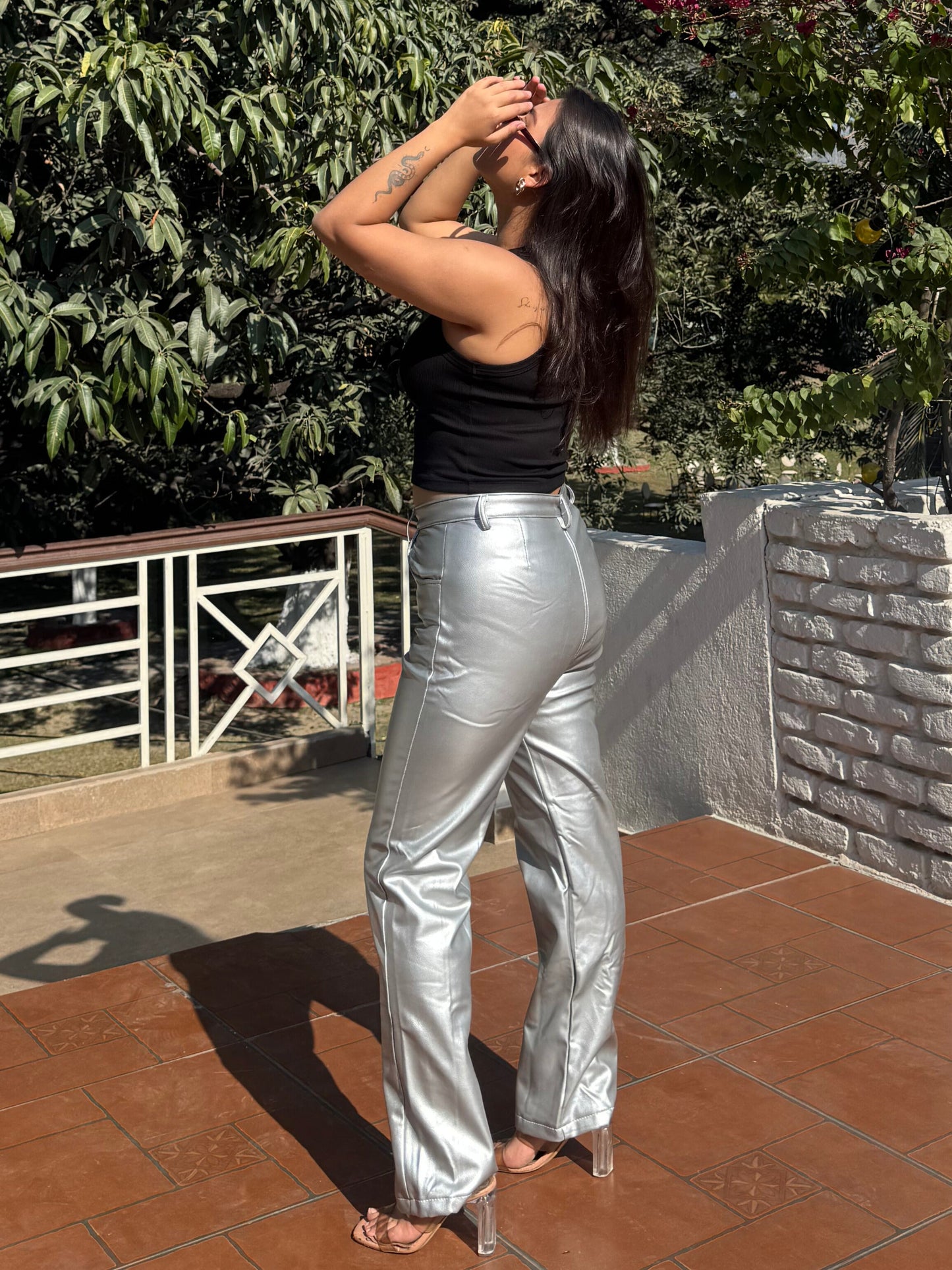 TANDUL Women Regular Fit Silver Faux Leather Trousers