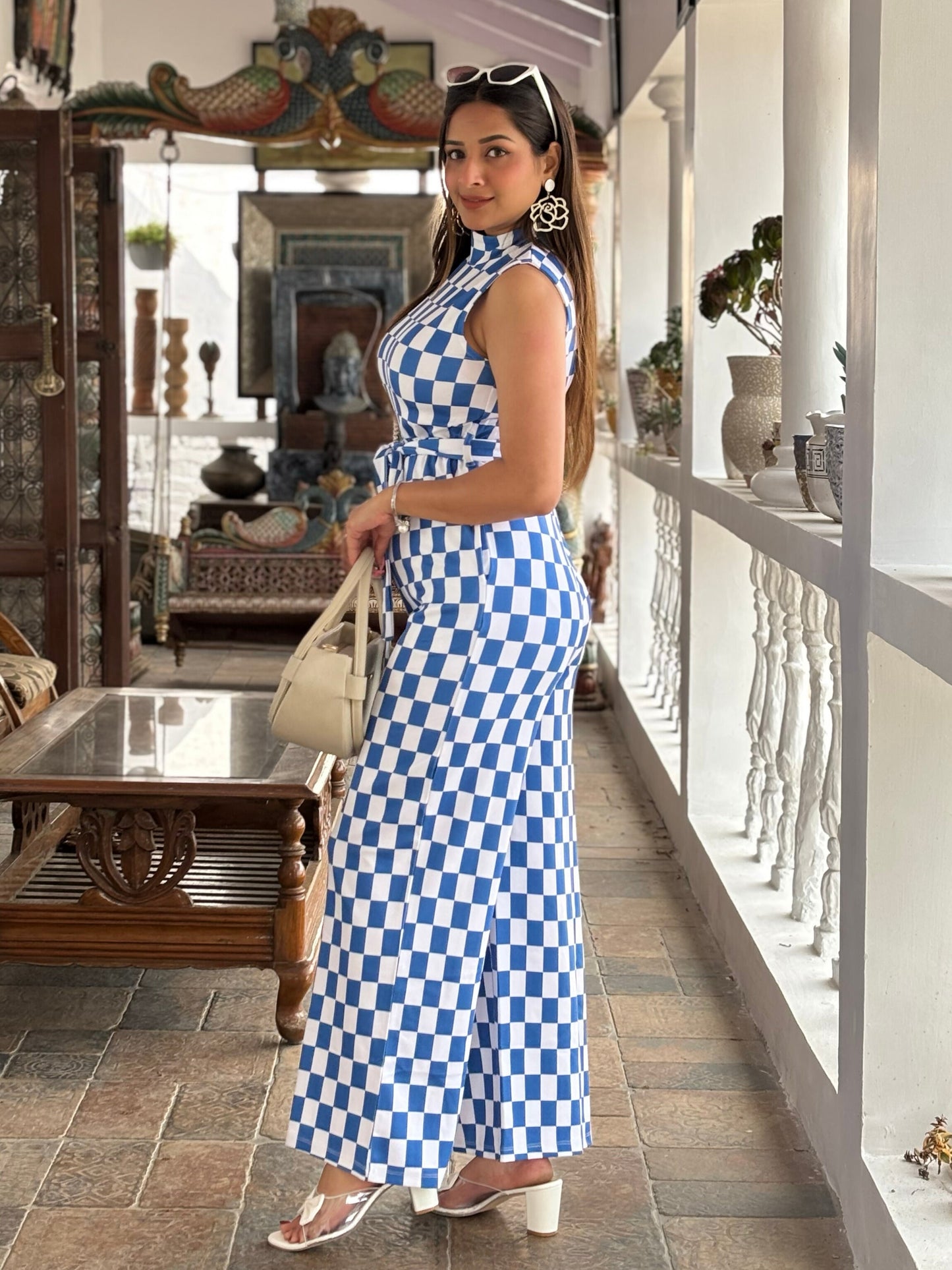 TANDUL Women Stylish Blue and White Checkered Jumpsuit