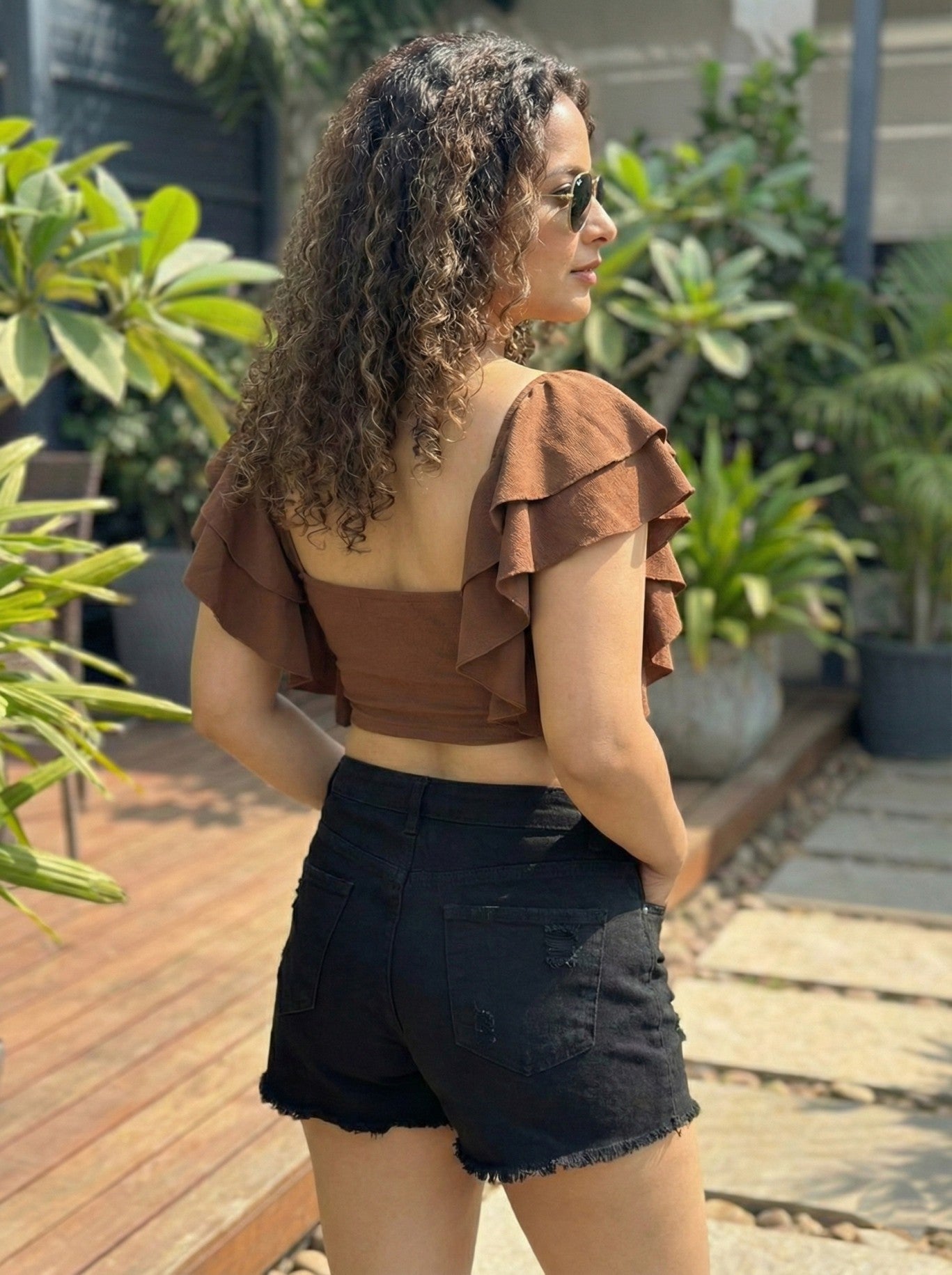 TANDUL Women Brown Top with Ruffled Sleeves