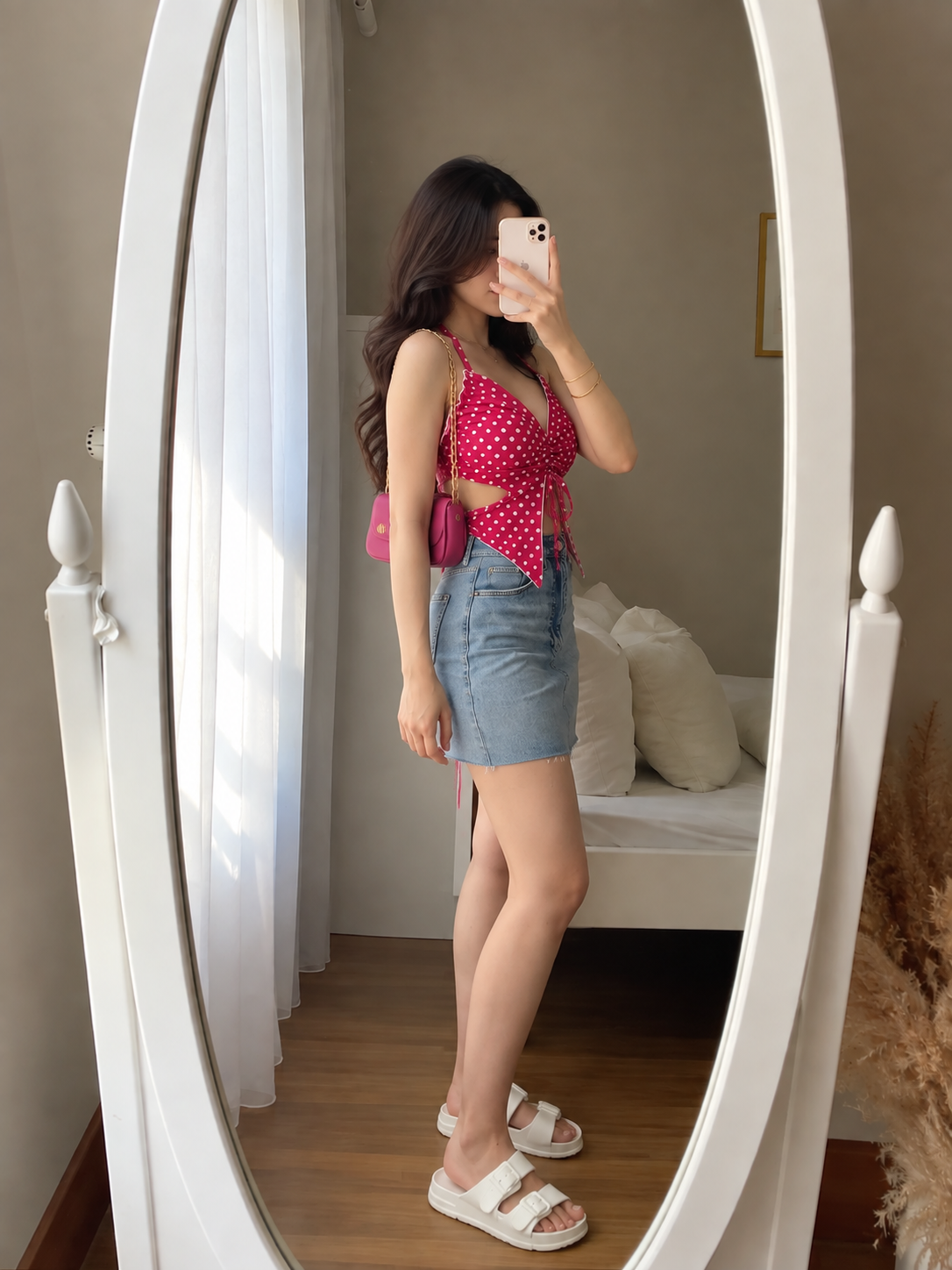 TANDUL Women Hot Pink Polka Dot Butterfly Crop Top