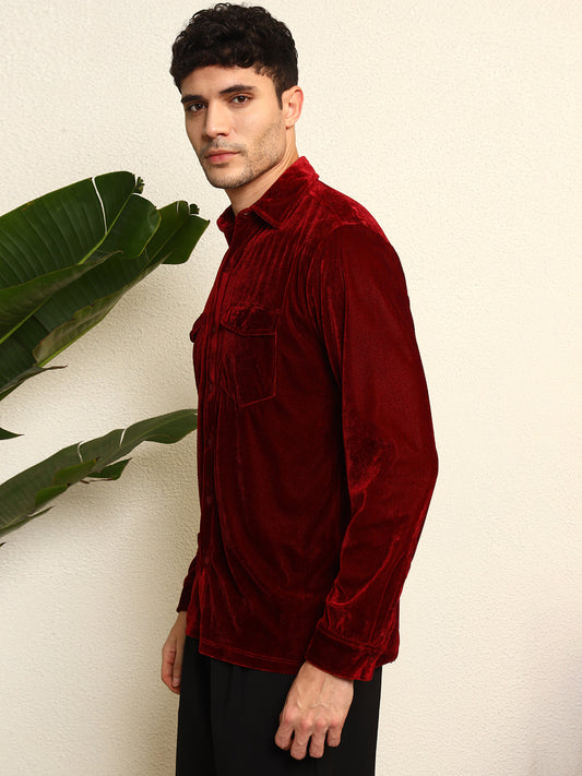 TANDUL Men's Maroon Velvet Shirt