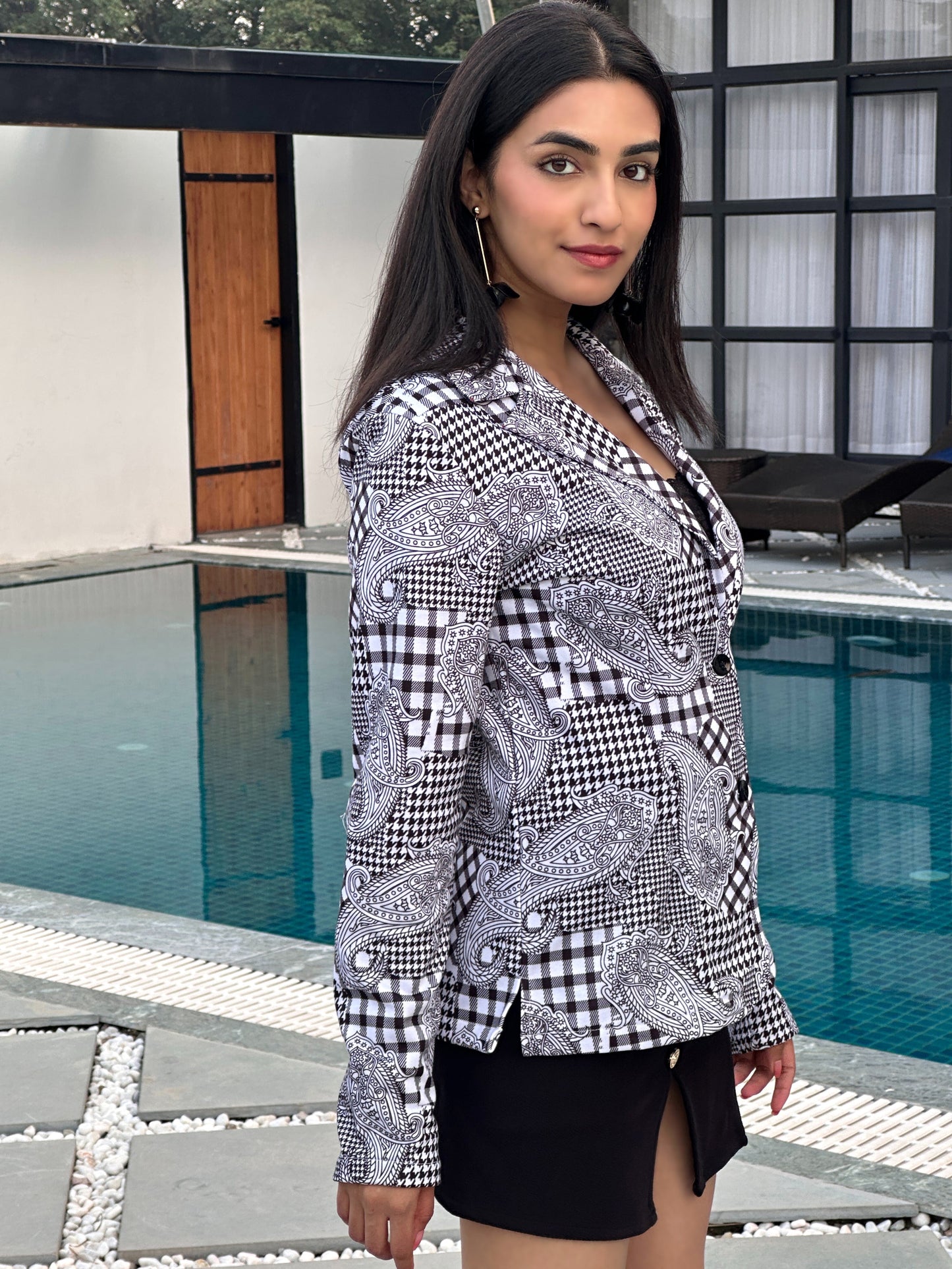 TANDUL Women Black and White Paisley Patterned Blazer