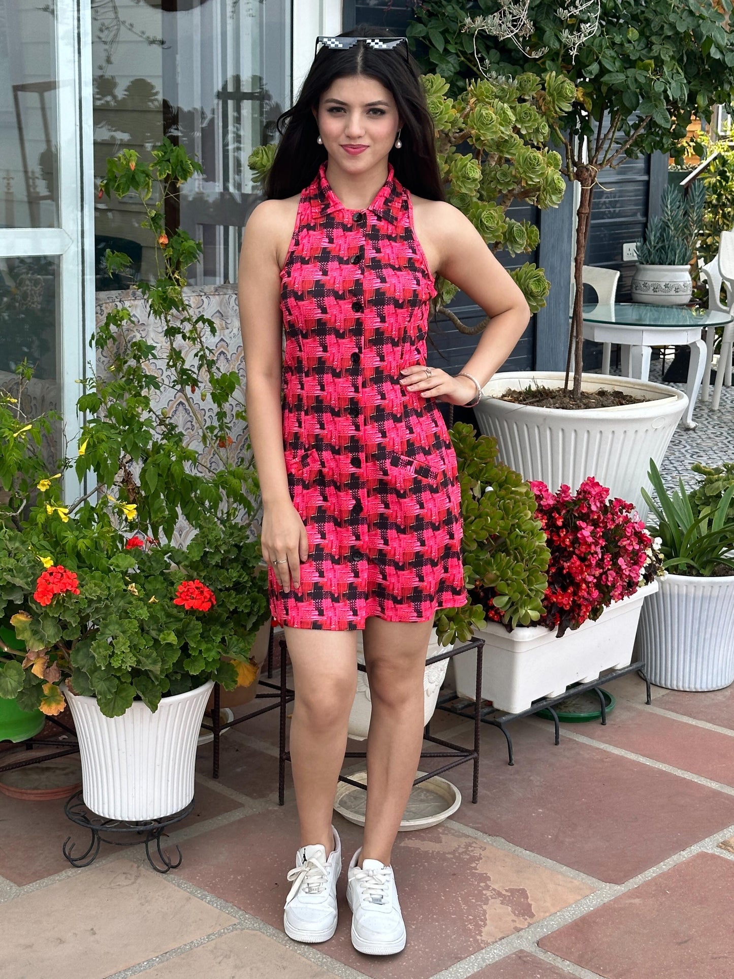 TANDUL Women Chic Pink and Black Pattern Dress
