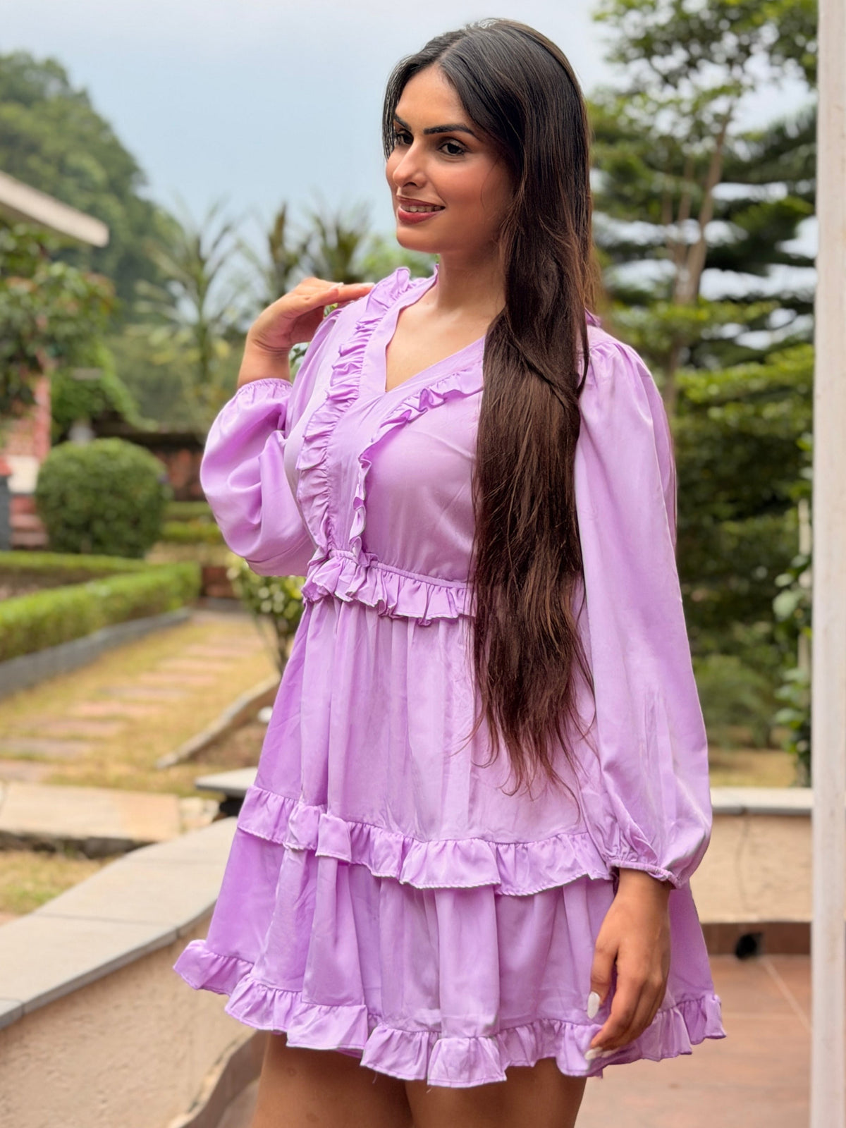 TANDUL Women Lilac Tiered Frill Babydoll Mini Dress