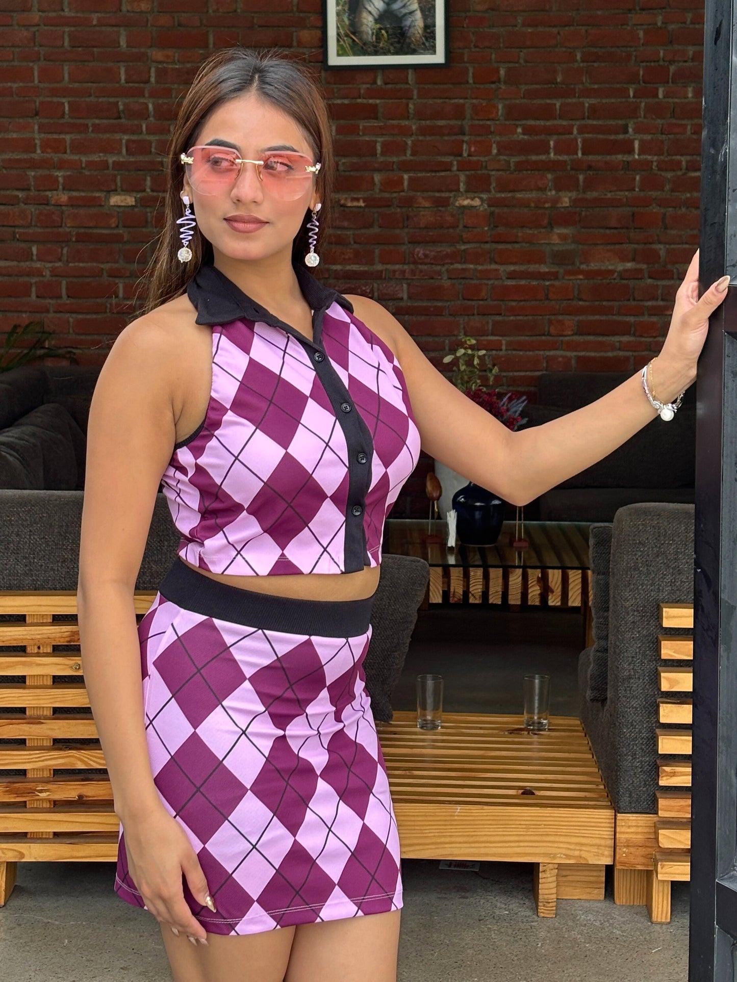 TANDUL Women Pink and Black Argyle Patterned Co-ord Set