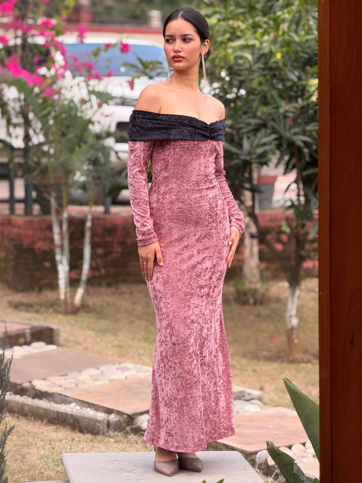 TANDUL Women Rose Gold Velvet Off-Shoulder Maxi Dress