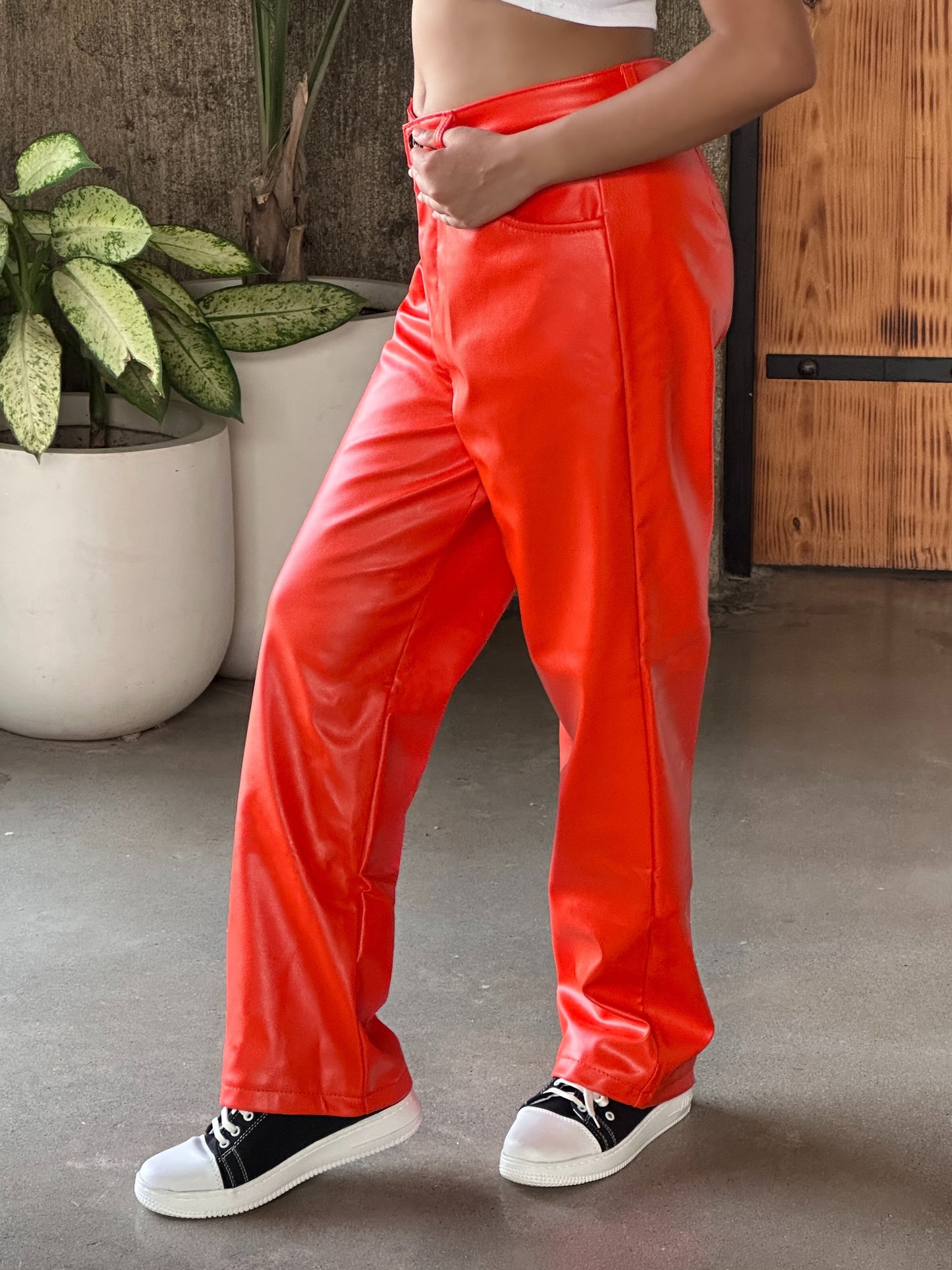 TANDUL Women Regular Fit Orange Faux Leather Trousers