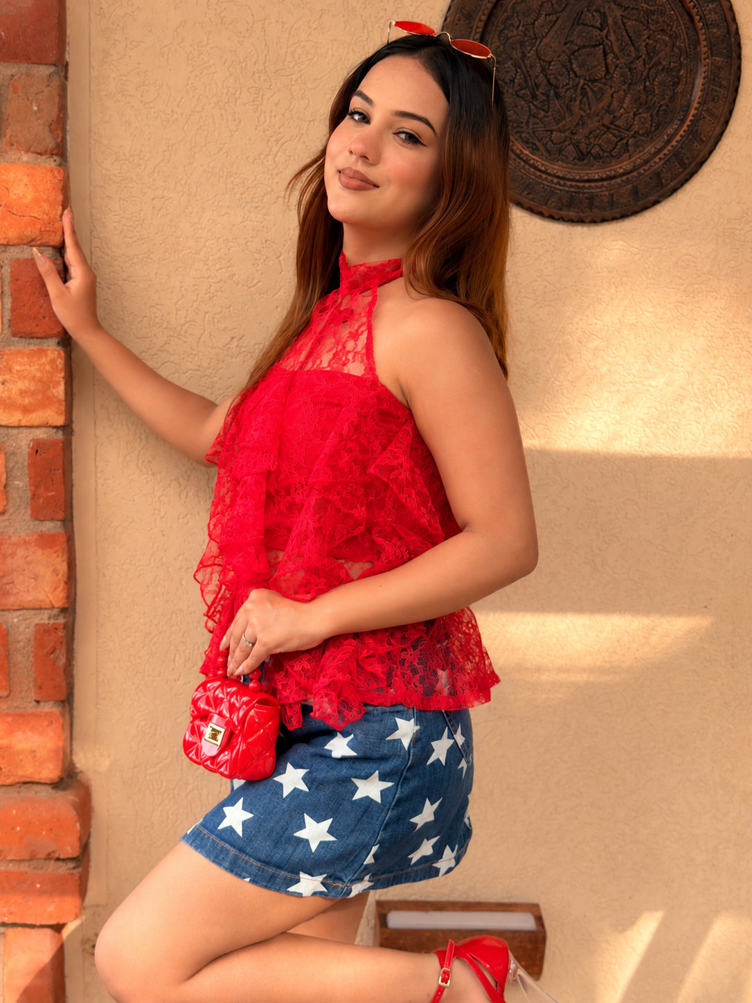 TANDUL Women Red Sheer Floral Lace Tiered Ruffle Halter Top