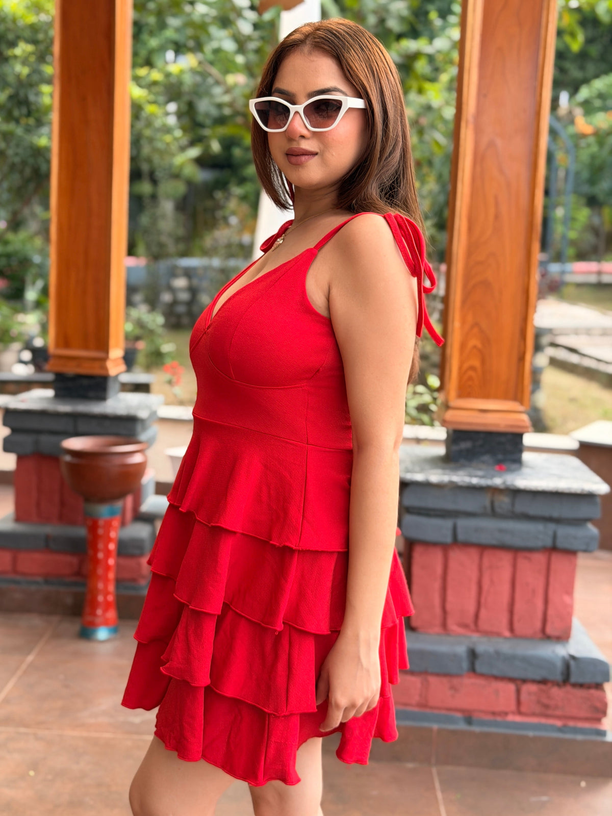 TANDUL Women Crimson Tiered Ruffle Mini Dress