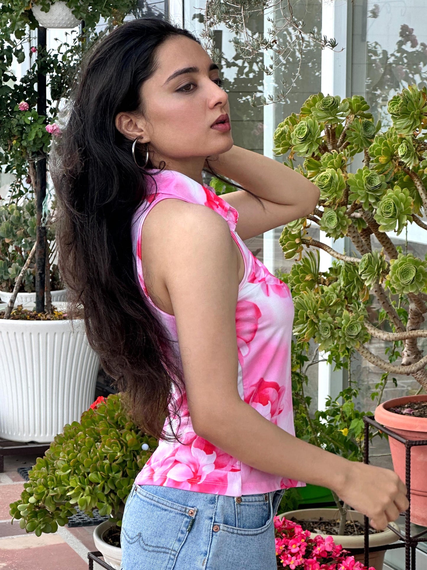 TANDUL Wome Pink Floral Sleeveless Shirt