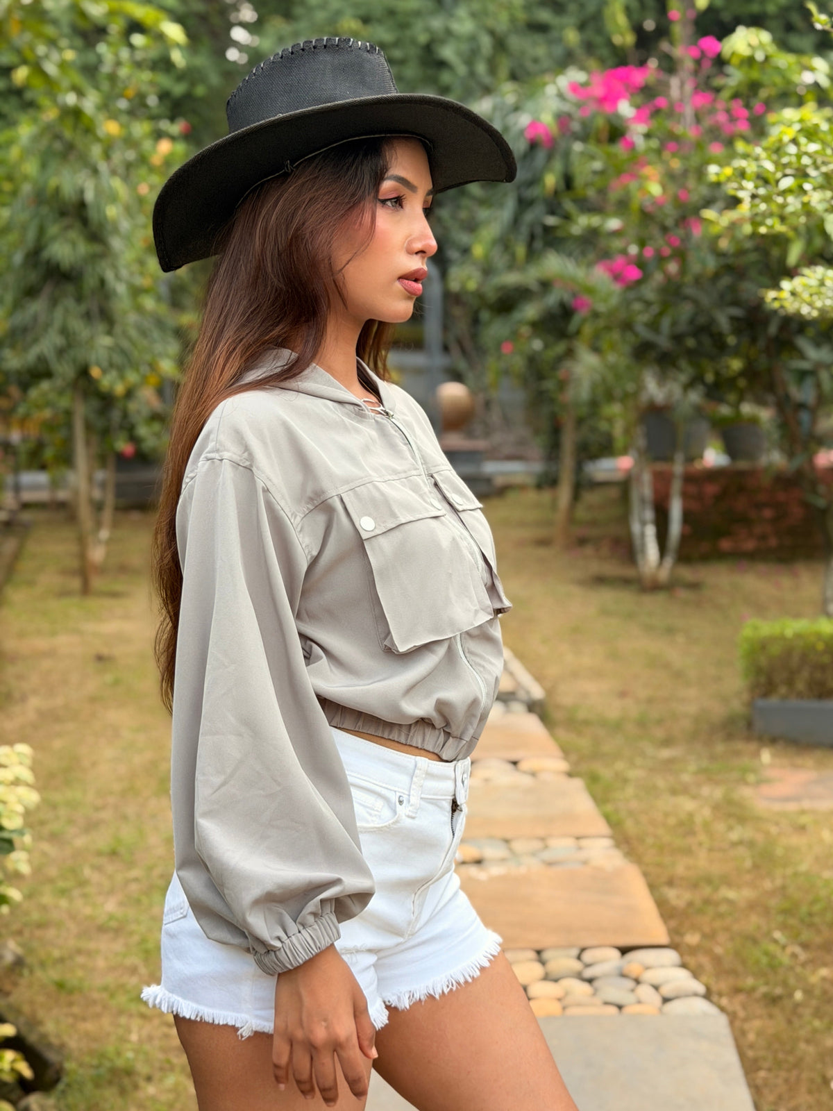 TANDUL Women Grey Cropped Windbreaker Jacket with Hood