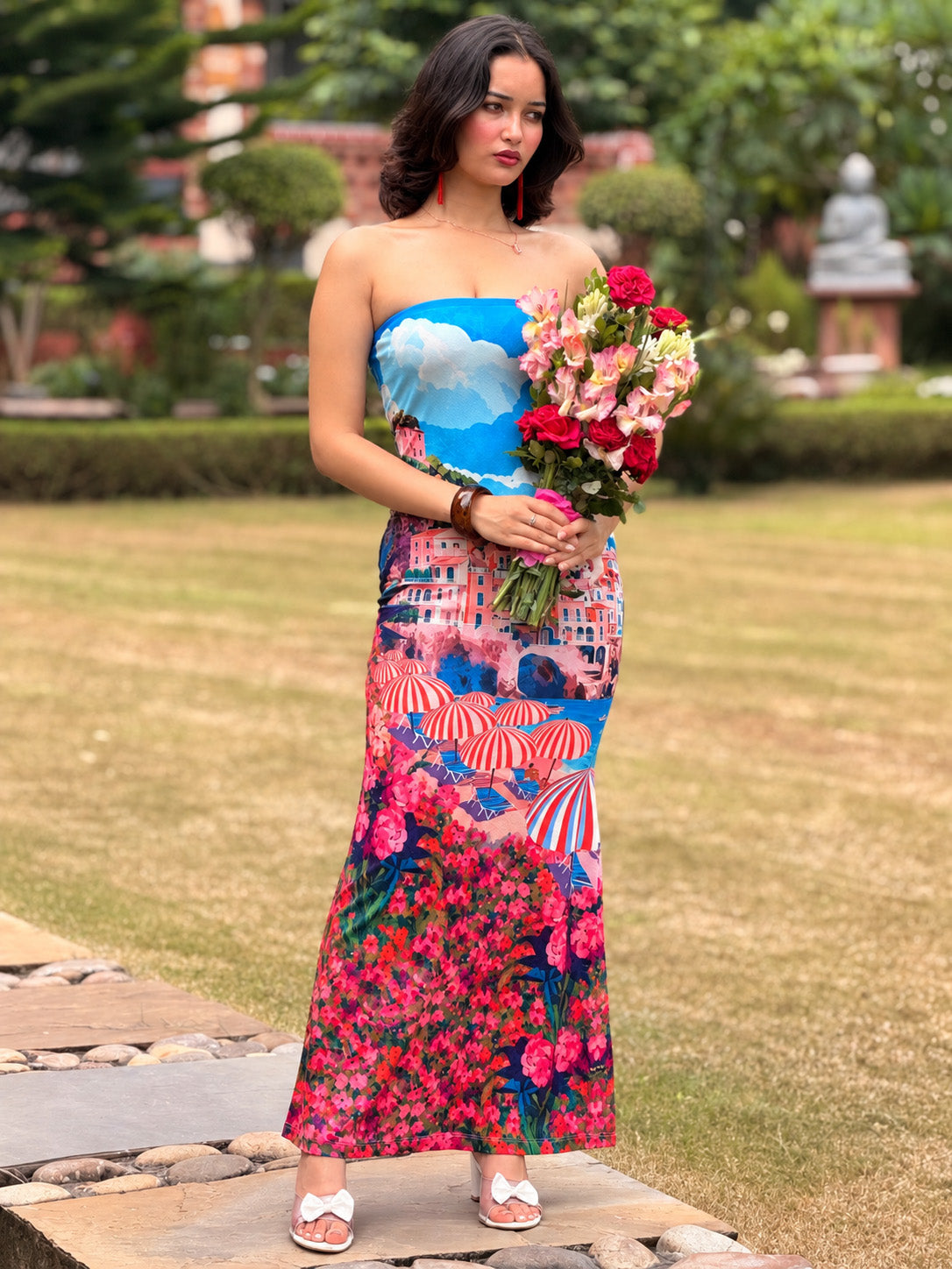 TANDUL Women Amalfi Coast Landscape Strapless Maxi Dress