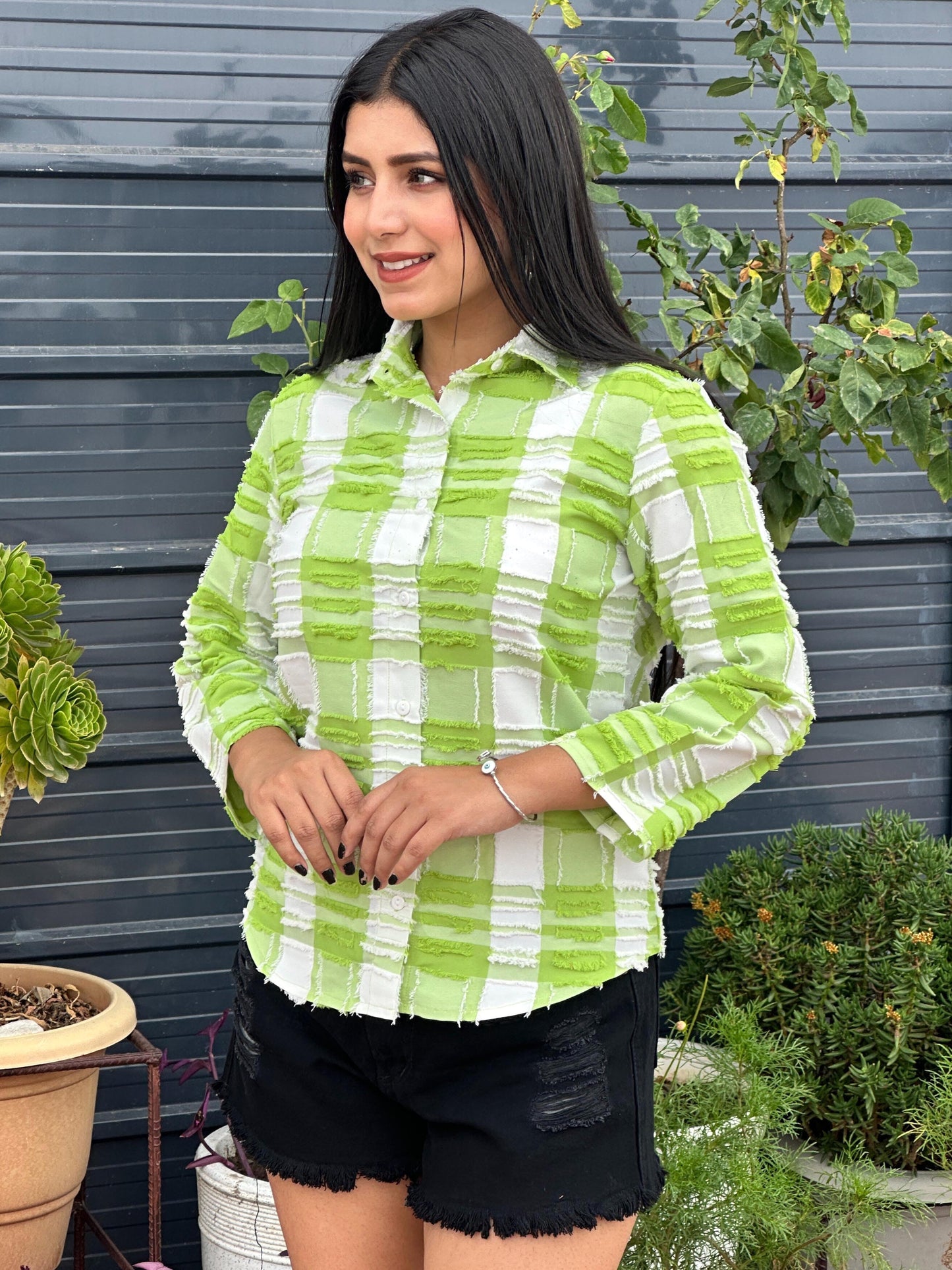 TANDUL Women Green and white Plaid Shirt