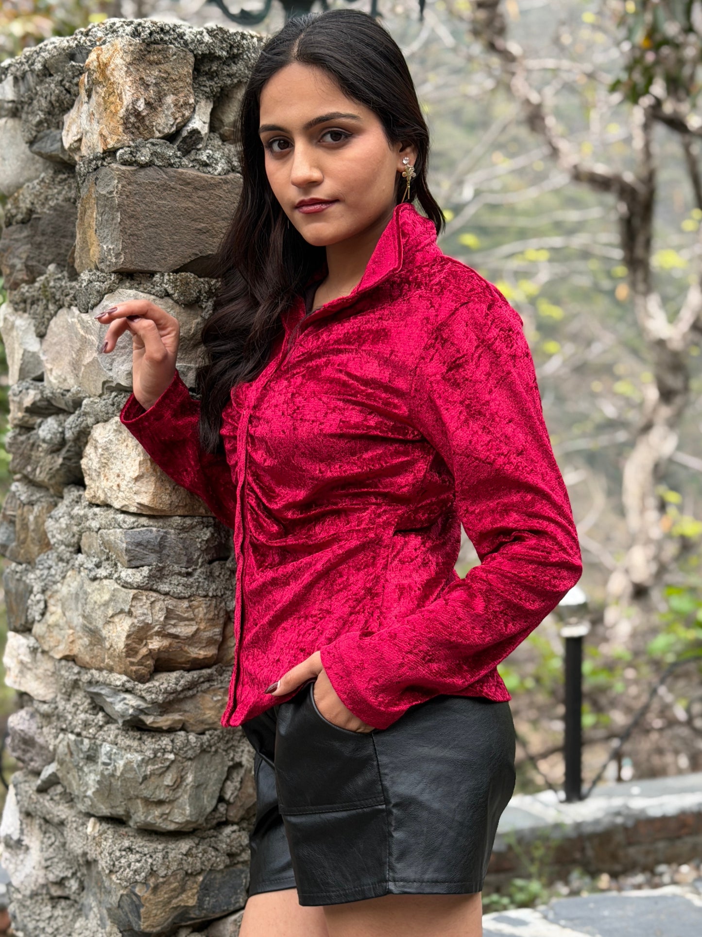 TANDUL Women Luxurious Maroon Velvet Shirt