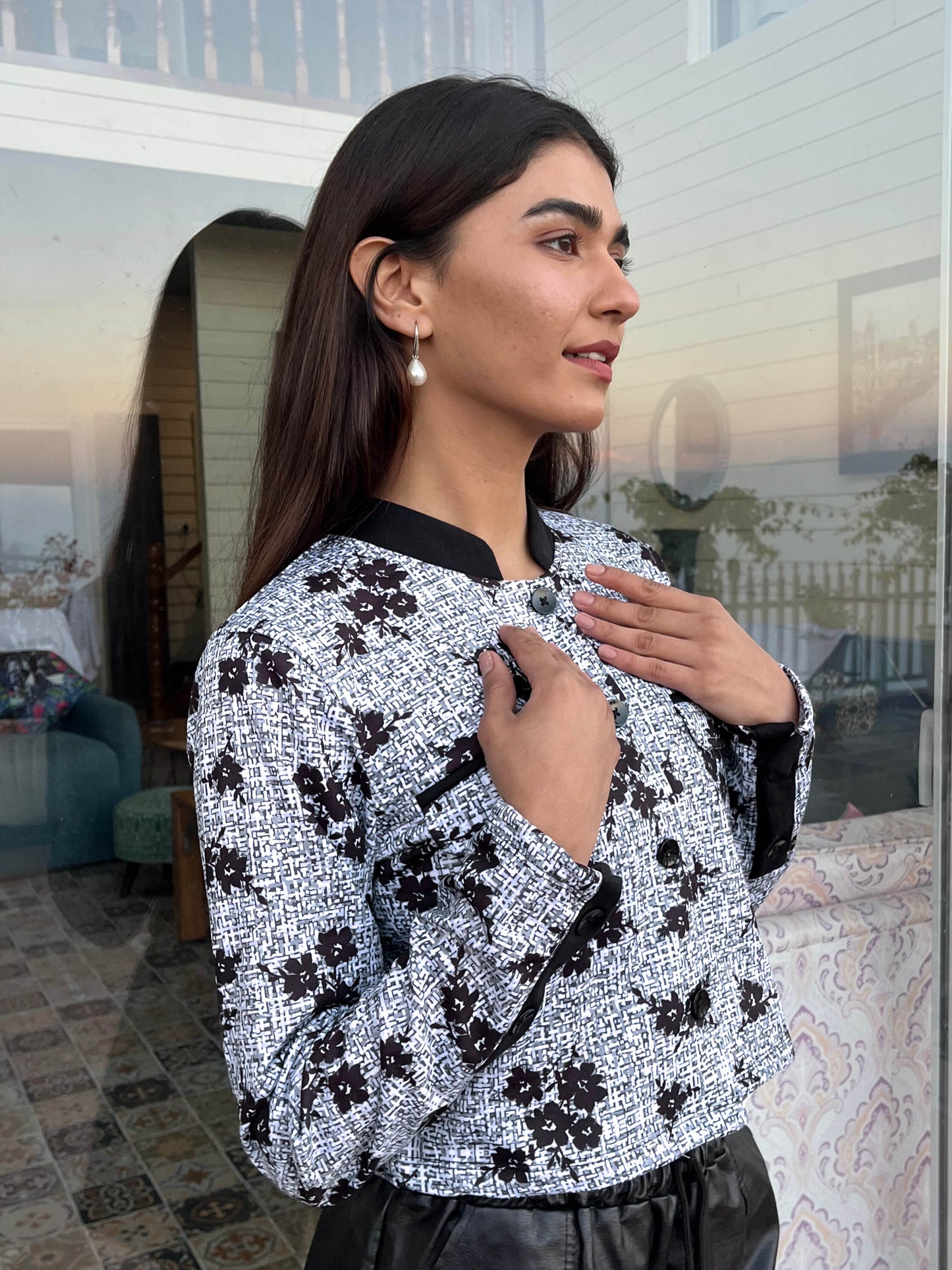 TANDUL Women Stunning Black and White Floral Print Jacket