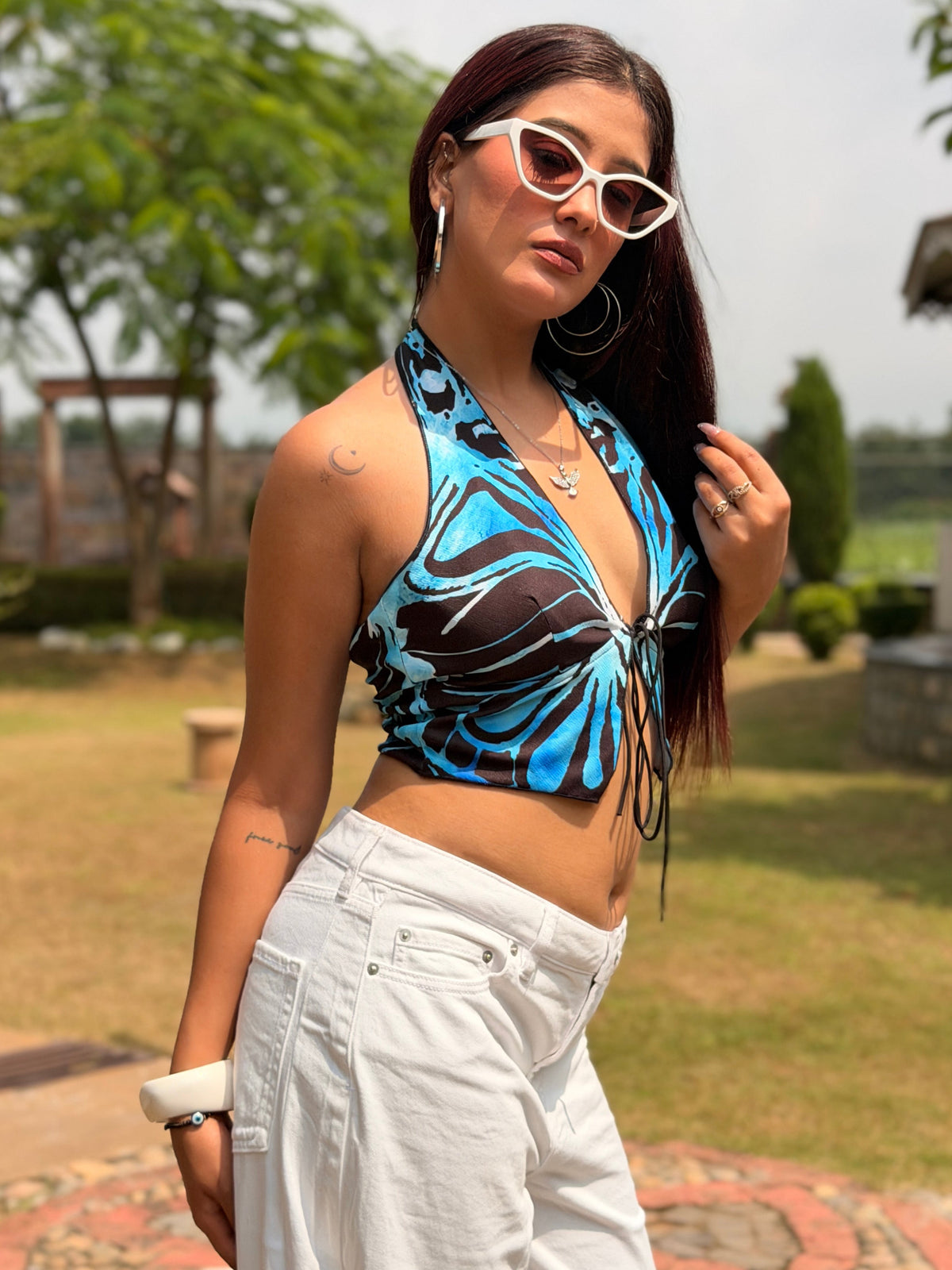 TANDUL Women Vibrant Blue Butterfly Halter Top