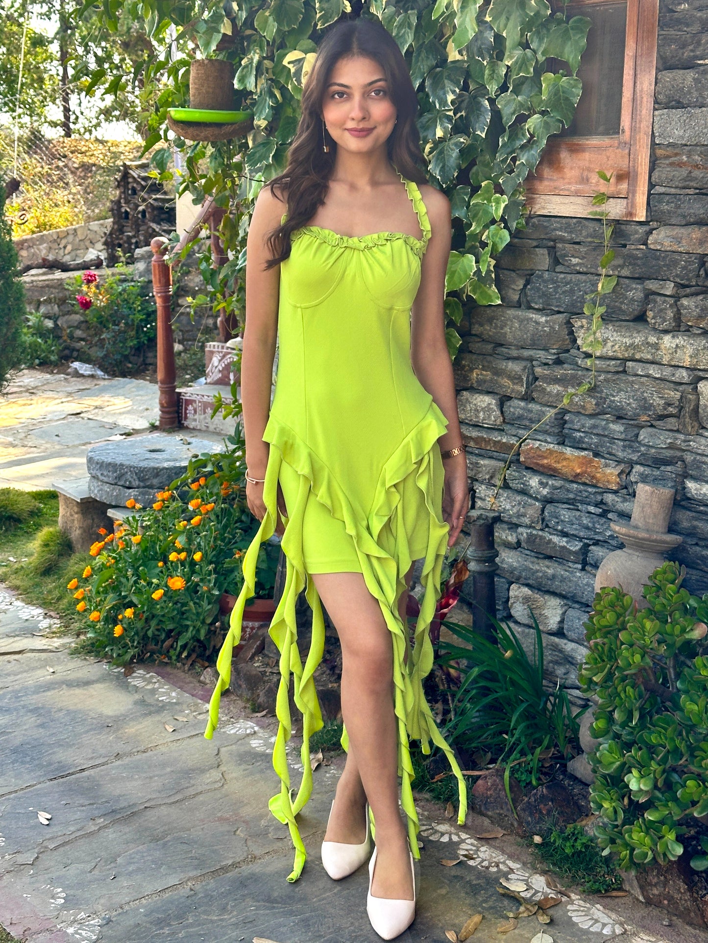TANDUL Vibrant Neon Green Frills Dress
