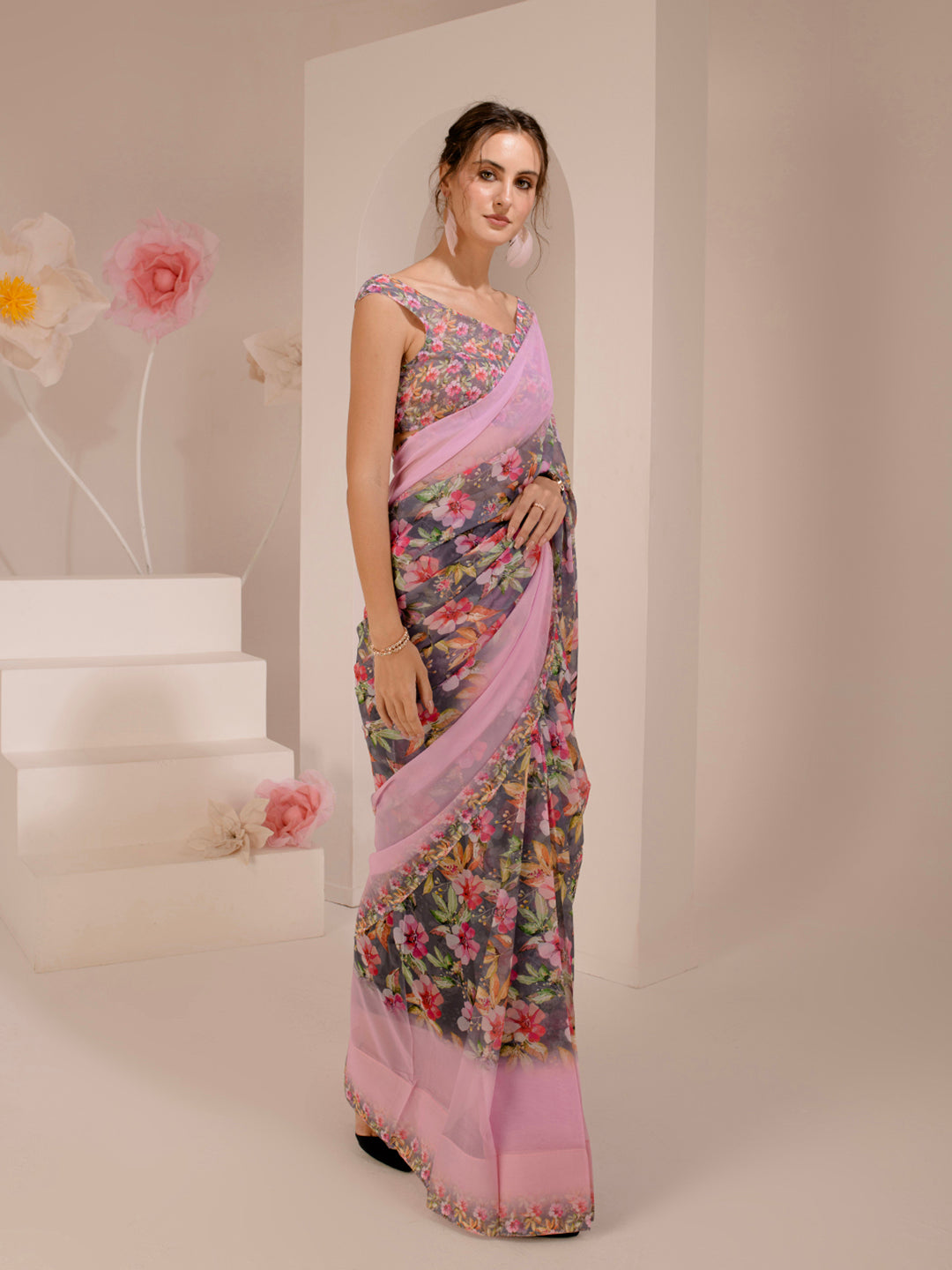 ELTIRE Exquisite Printed Bollywood Style Georgette Saree