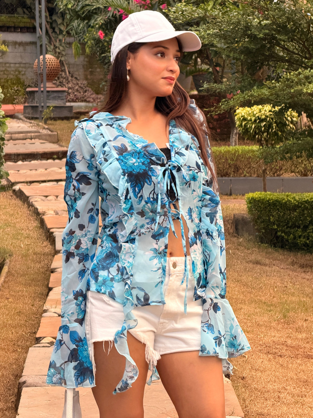 TANDUL Women Charming Floral Printed Sky12blue Georgette Top