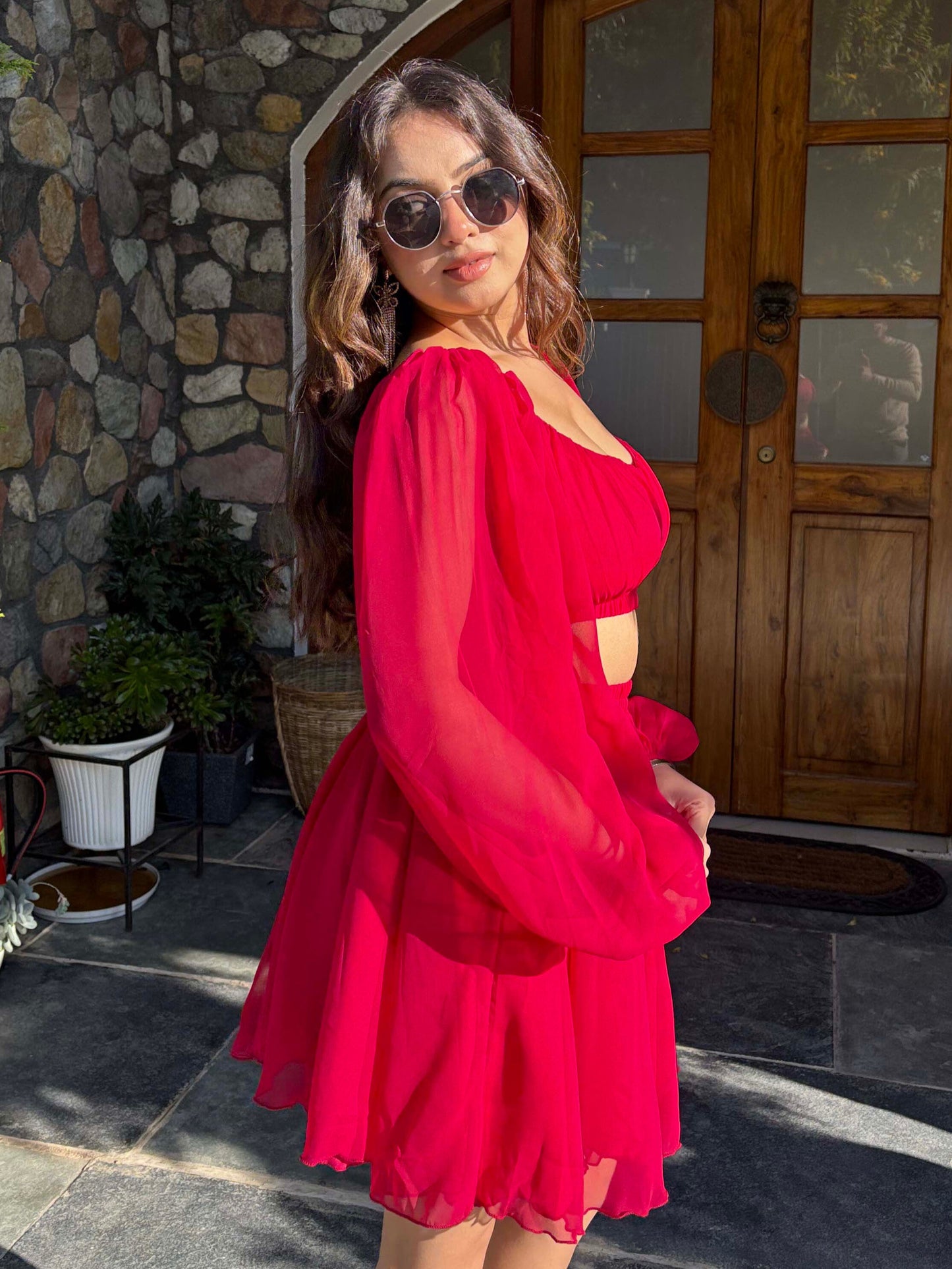 TANDUL Women Stunning Red Georgette Co-ord Set