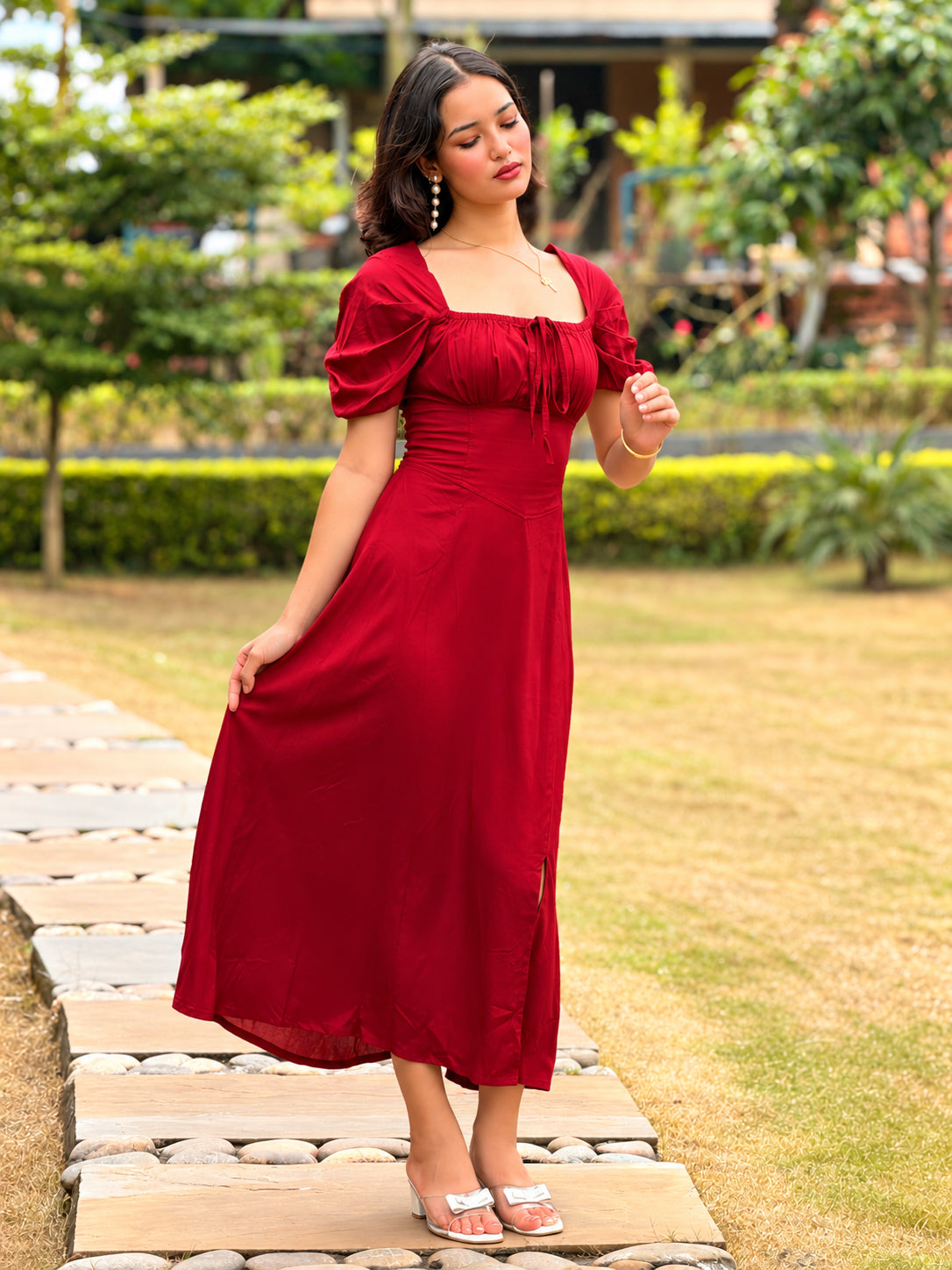 TANDUL Women Maroon Lace-Up Corset Milkmaid Midi Dress