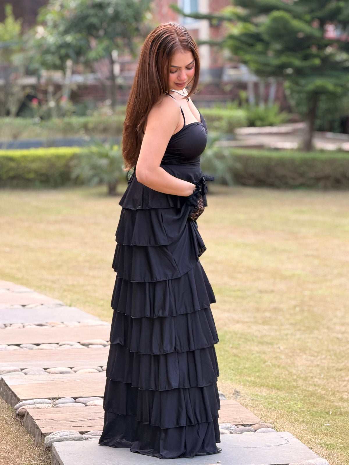 TANDUL Women's Black Tiered Ruffle Maxi Dress