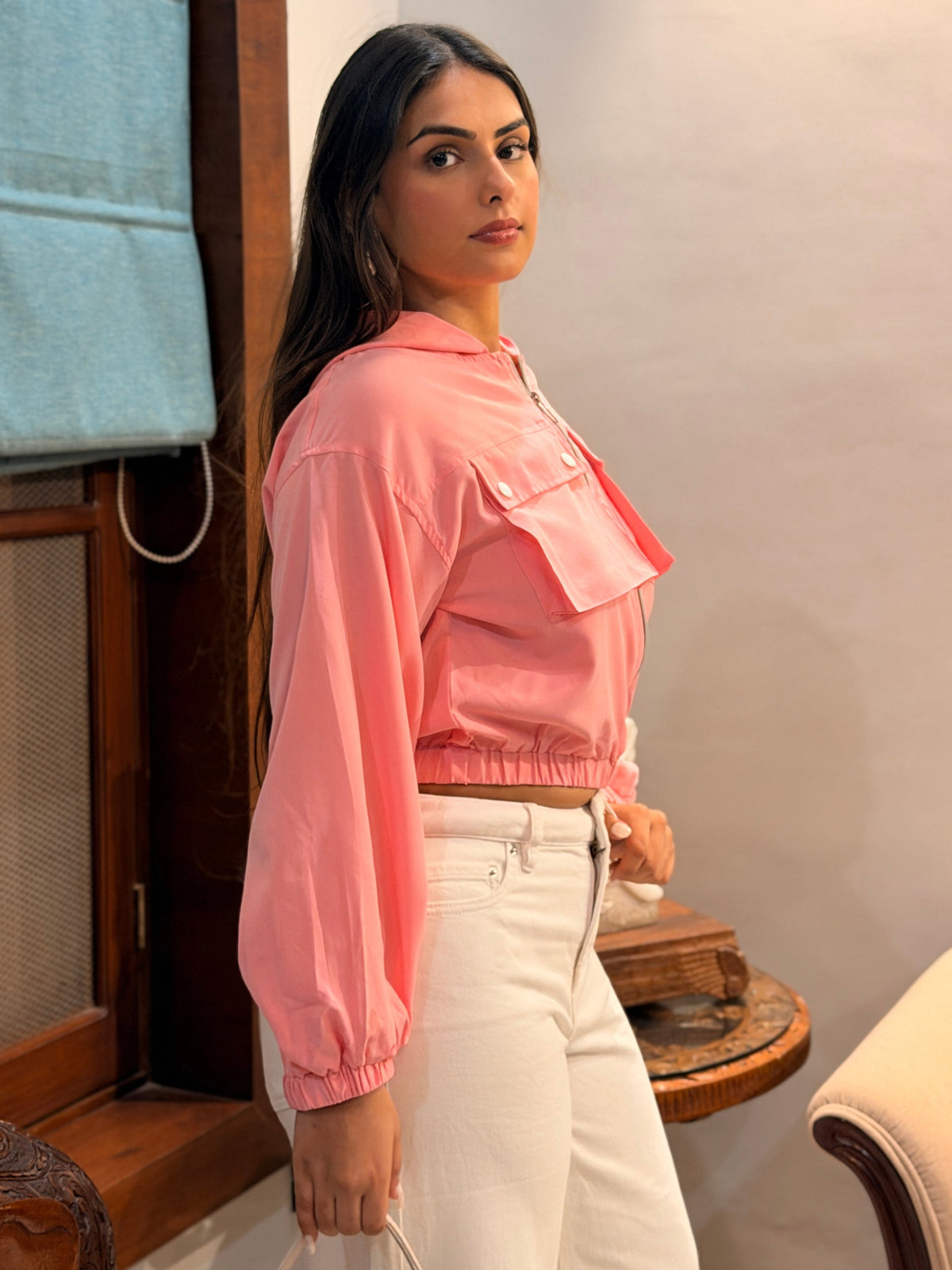 TANDUL Women’s Pink Summer Utility Jacket with Hood and Cargo Pockets
