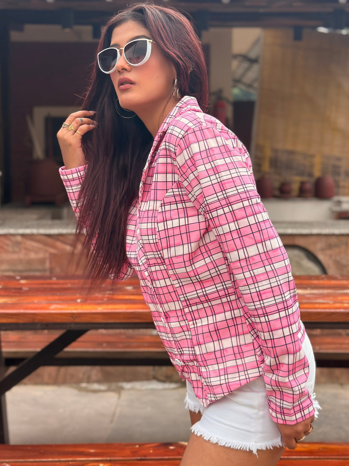 TANDUL Women Pink and White Plaid Double-Breasted Blazer