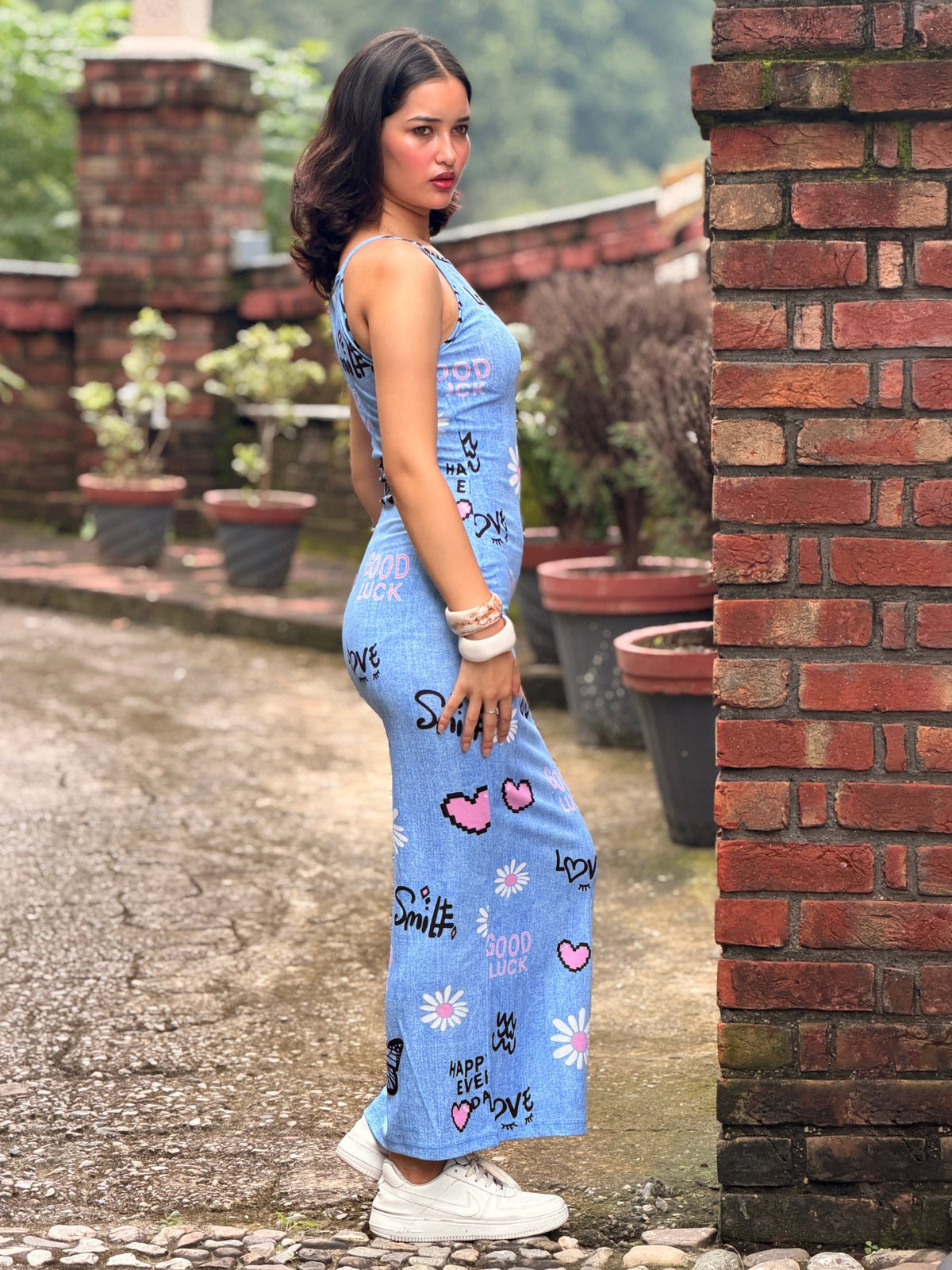 TANDUL Women's Sleeveless Halter Neck Printed Bodycon Maxi Dress