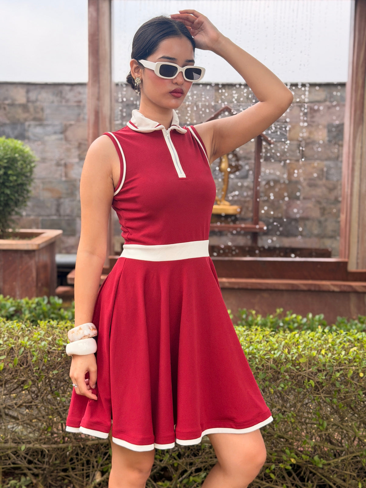TANDUL Women Retro Sleeveless Polo Dress with Zipper Neck