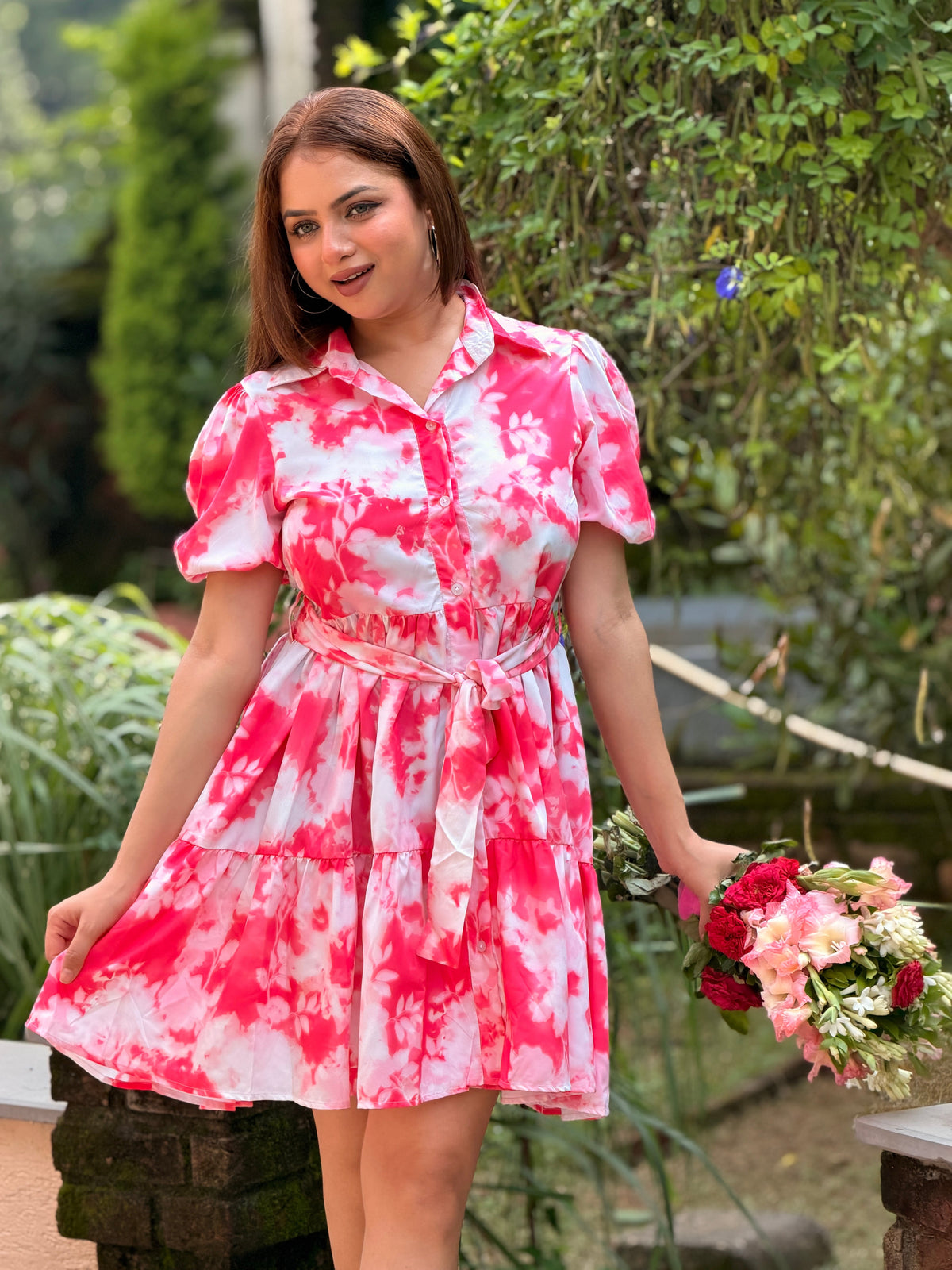 TANDUL Women's Fuchsia Pink Tie-Dye Puff Sleeve Mini Shirt Dress