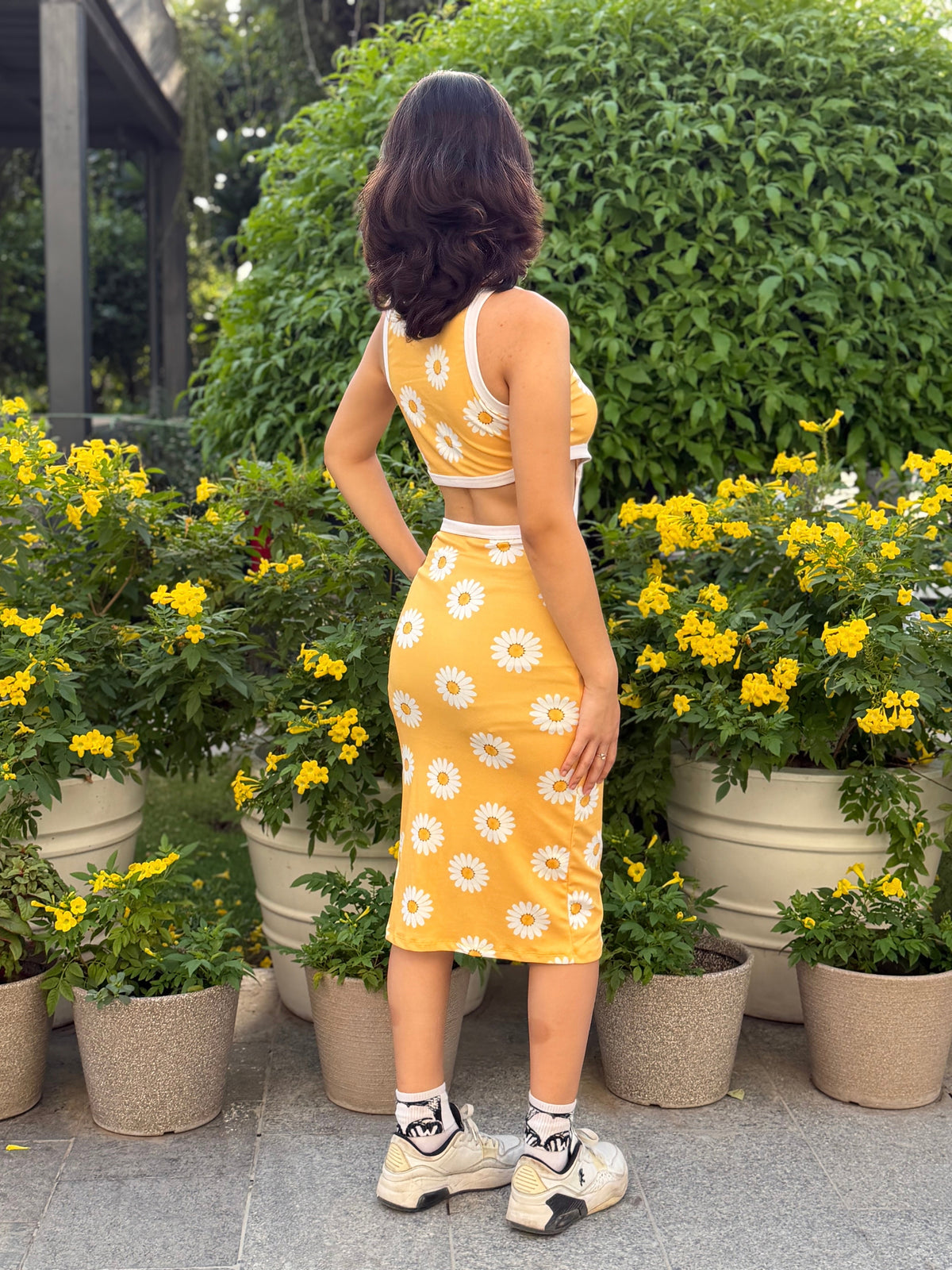 TANDUL Women Retro Daisy Print Side-Cutout Bodycon Dress