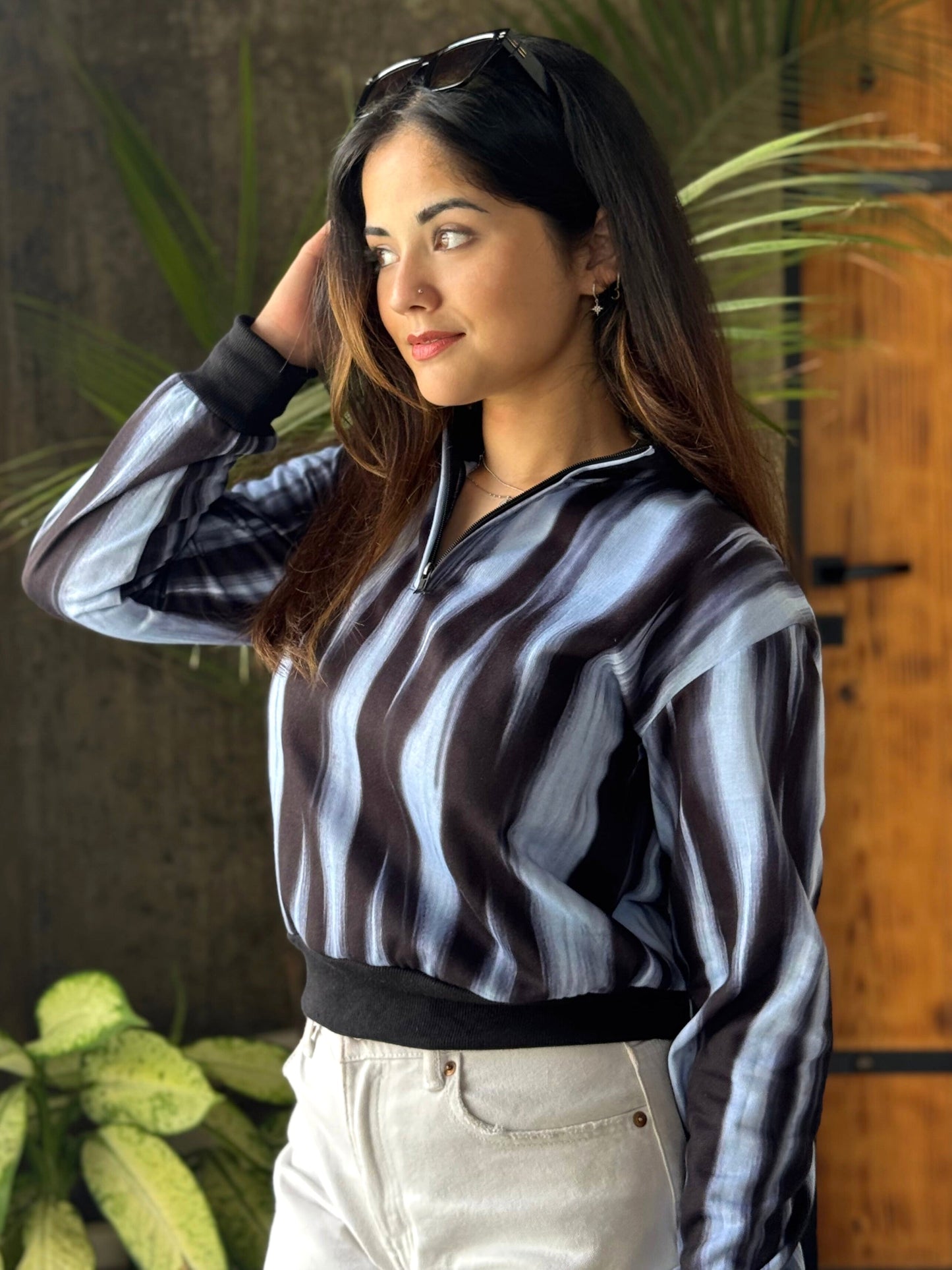 TANDUL Women Black and White Striped Sweatshirt