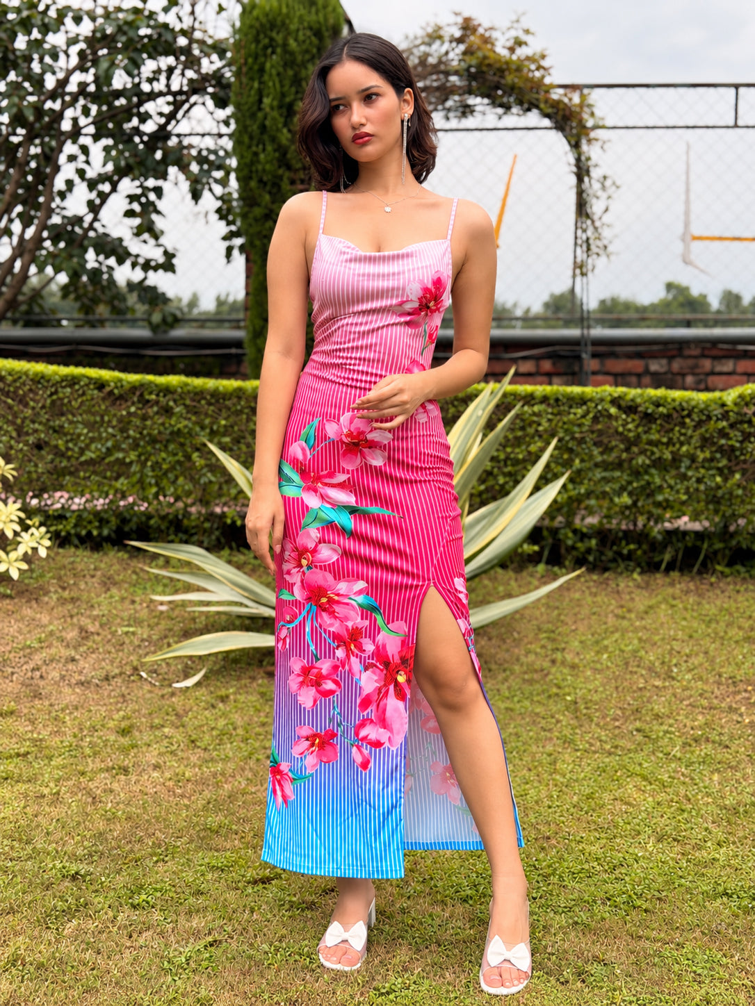 TANDUL Women Pink Stripe Cowl Neck Maxi Dress