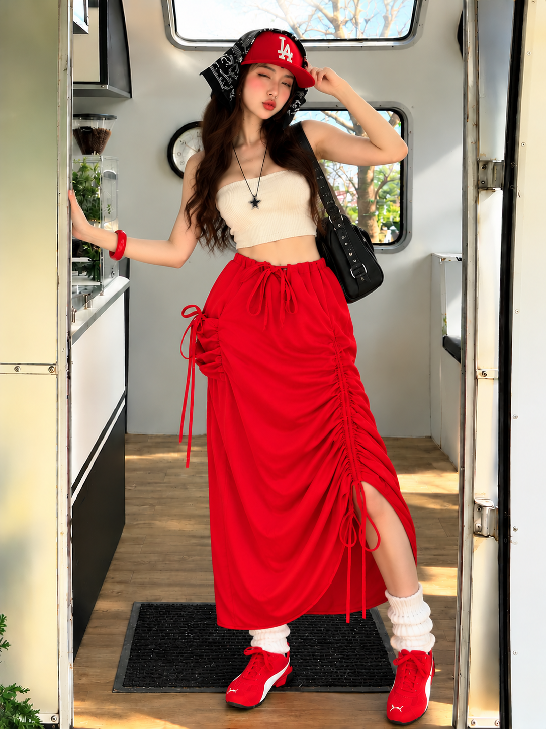 TANDUL Women Red Drawstring Ruched Maxi Cargo Skirt