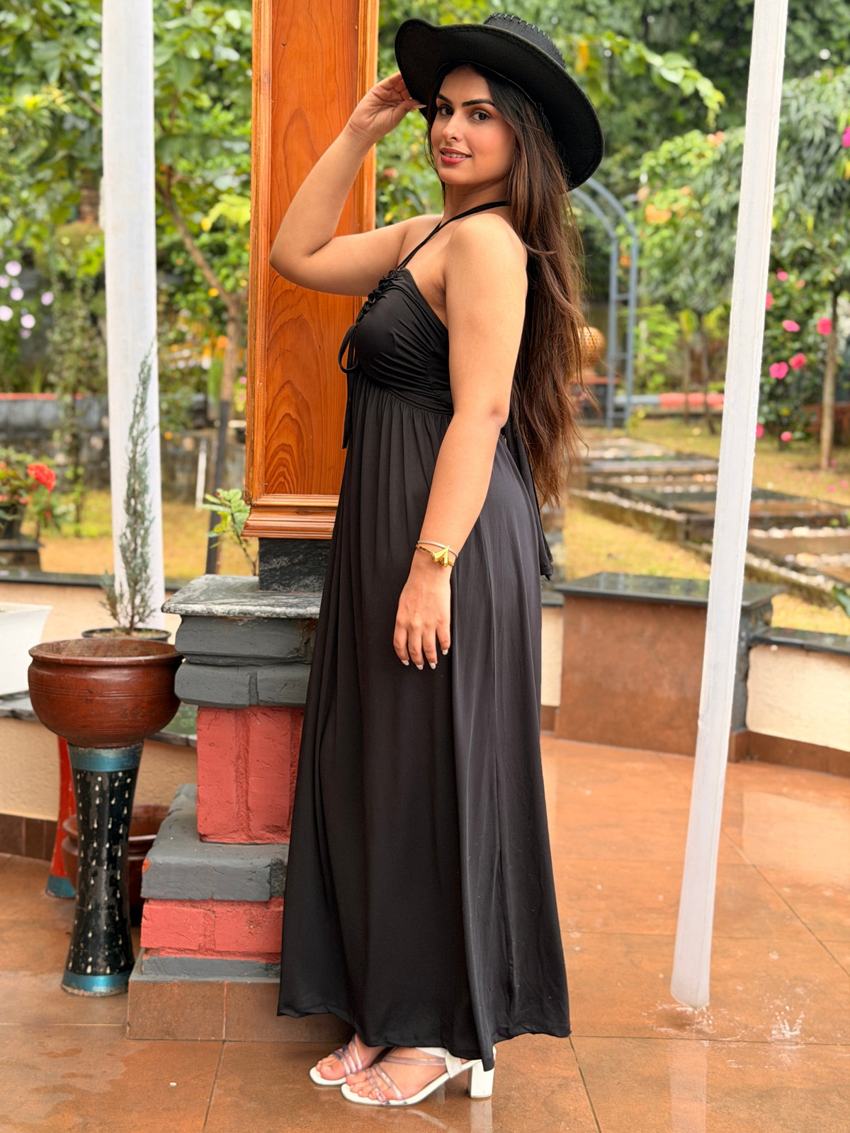 TANDUL Women Black Halter Neck Maxi Dress with Ruched V-Neck