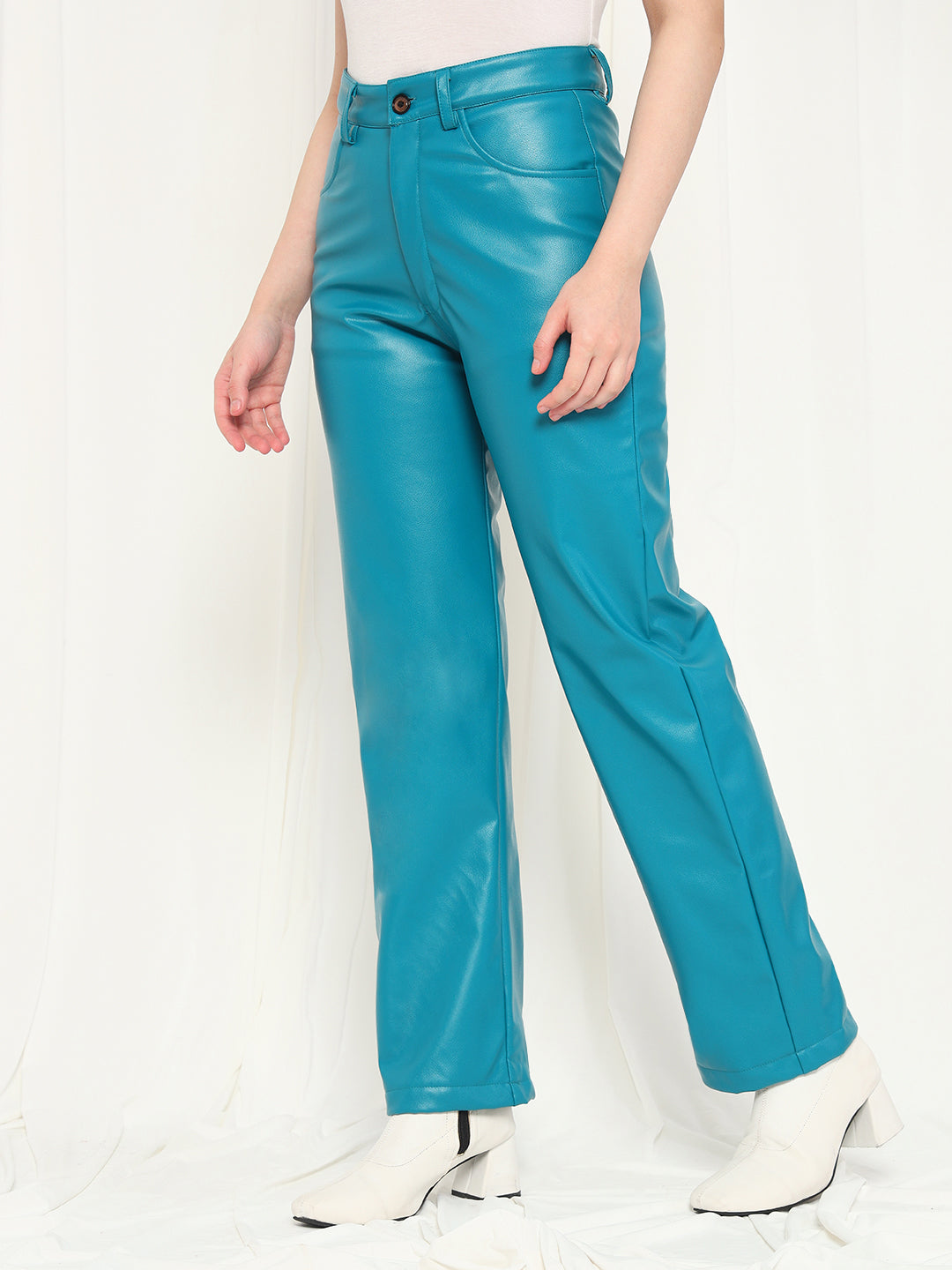 TANDUL Women Regular Fit Light Blue Faux Leather Trousers