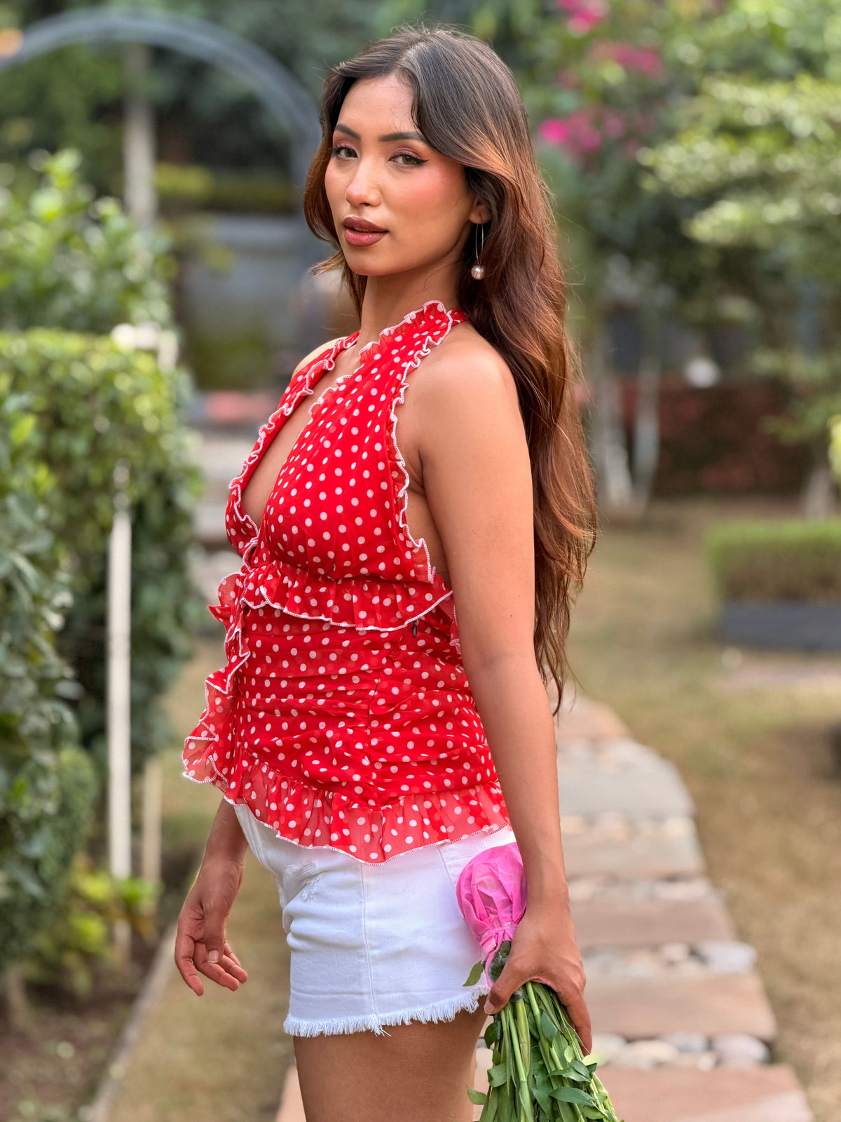 TANDUL Women Vintage-Inspired Red Polka Dot Halter Top