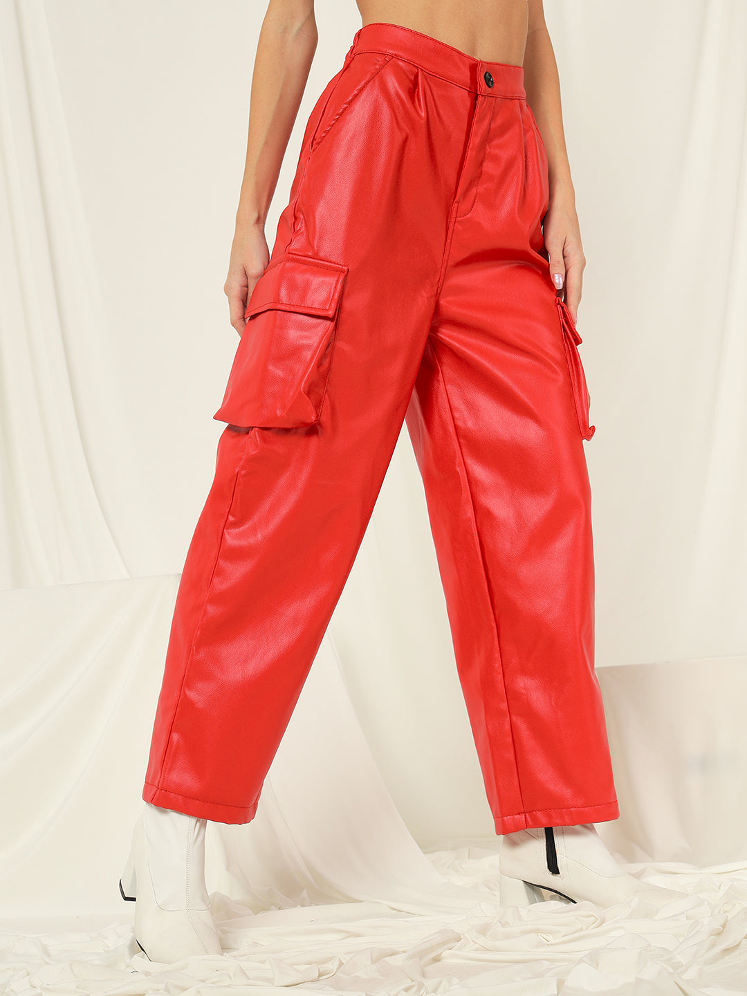 TANDUL Women Regular Fit Red Faux Leather Trousers