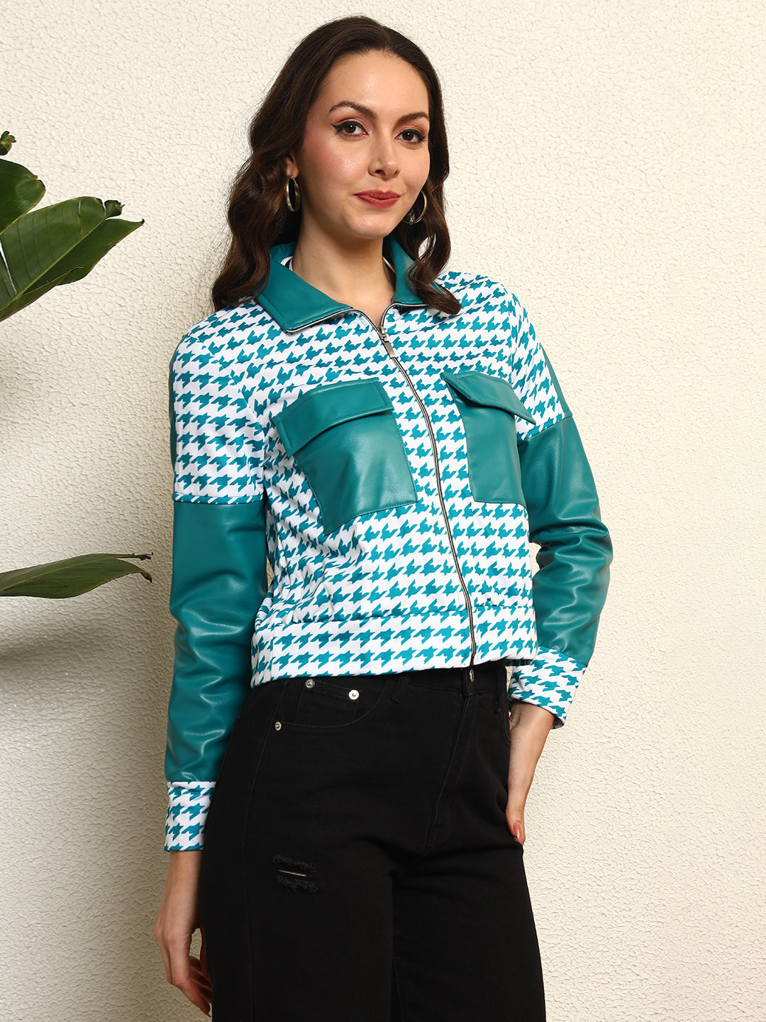TANDUL Women Houndstooth Fleece Jacket