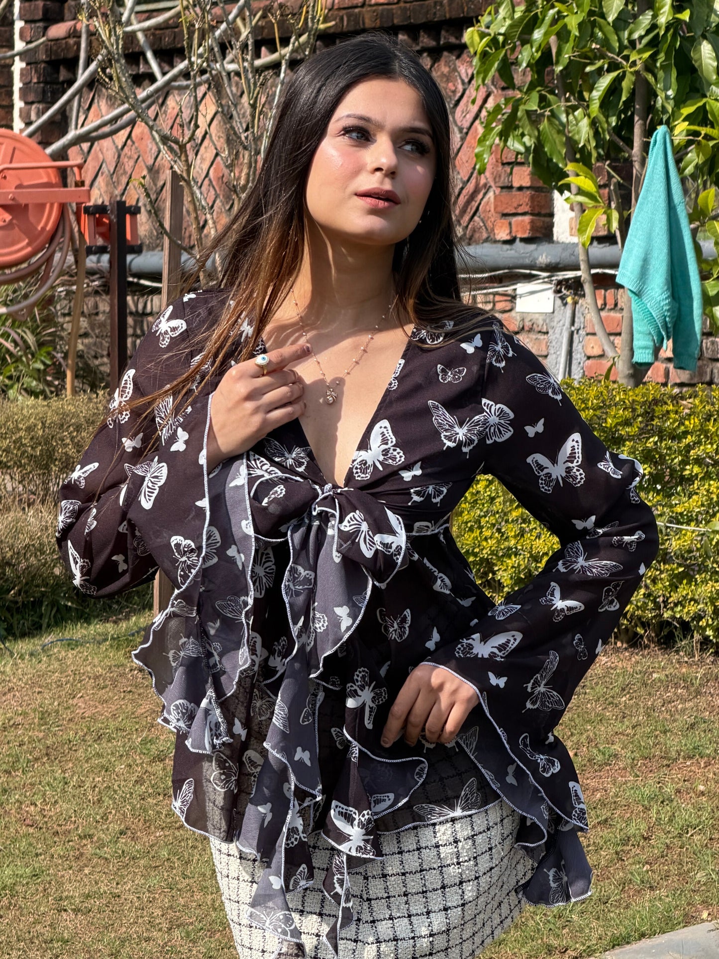TANDUL Women Stunning Black Georgette Butterfly Top