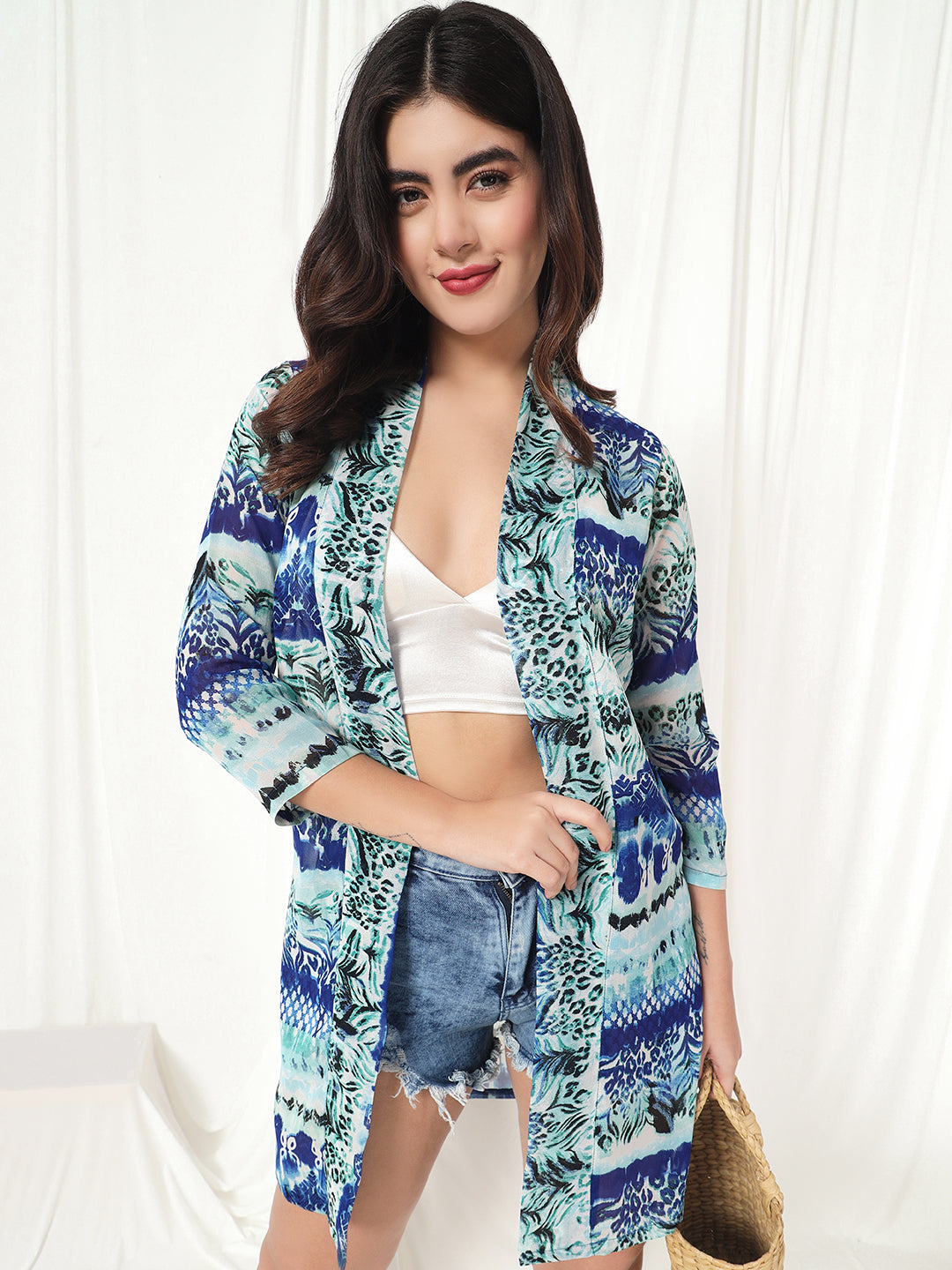 TANDUL Women Straight 3/4th Sleeve Blue Shrug