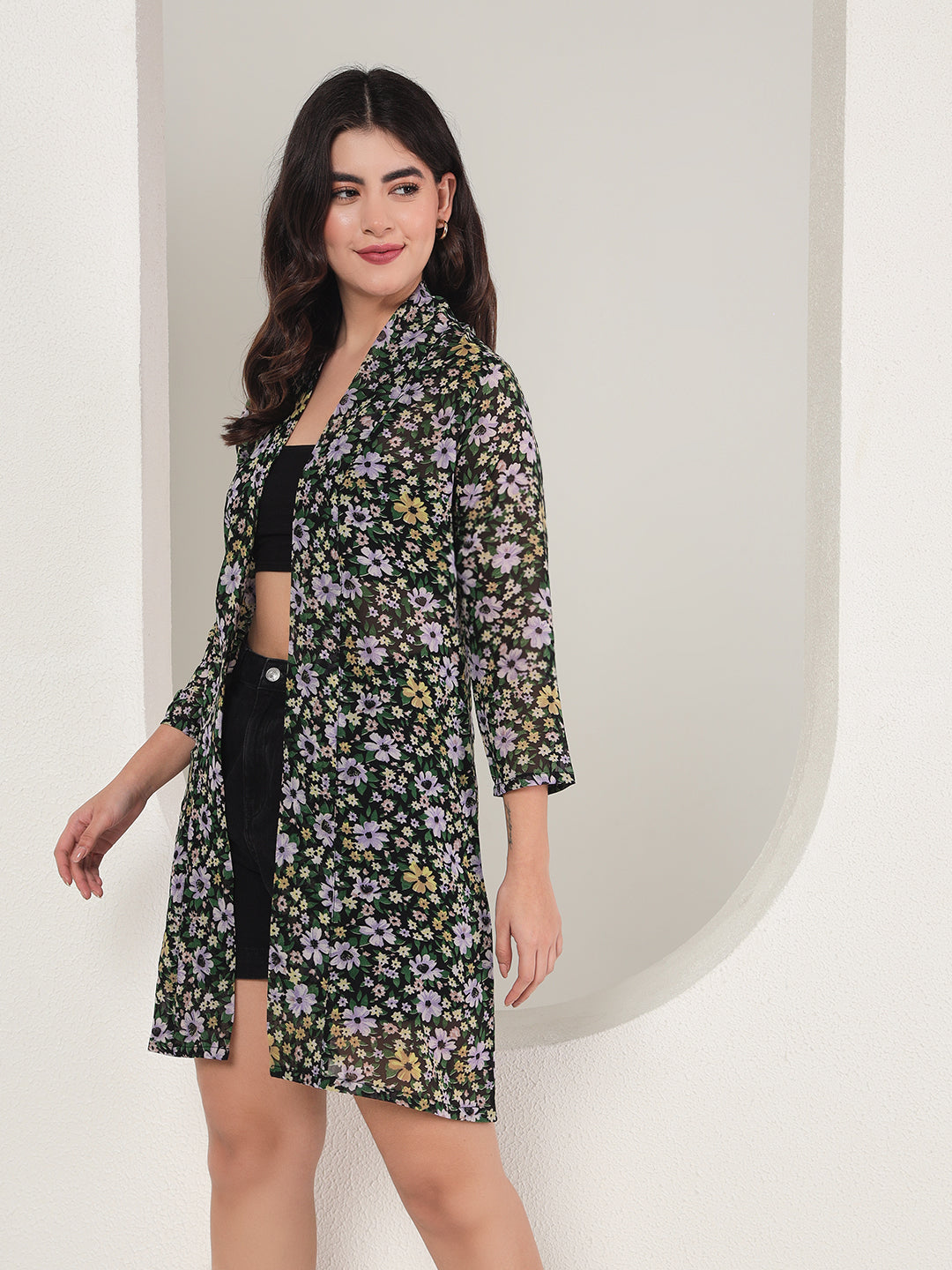 TANDUL Women Straight 3/4th Sleeve Black Shrug