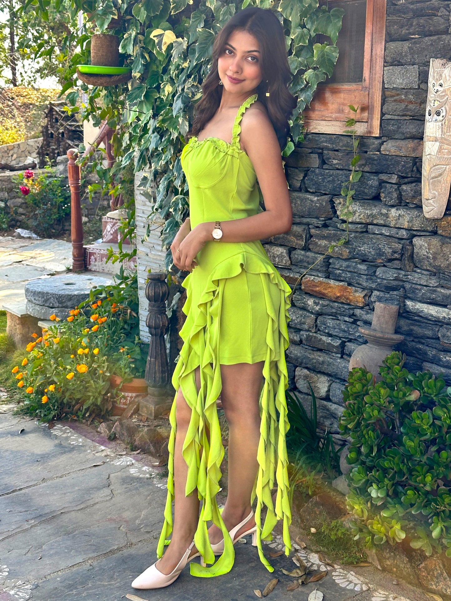 TANDUL Vibrant Neon Green Frills Dress