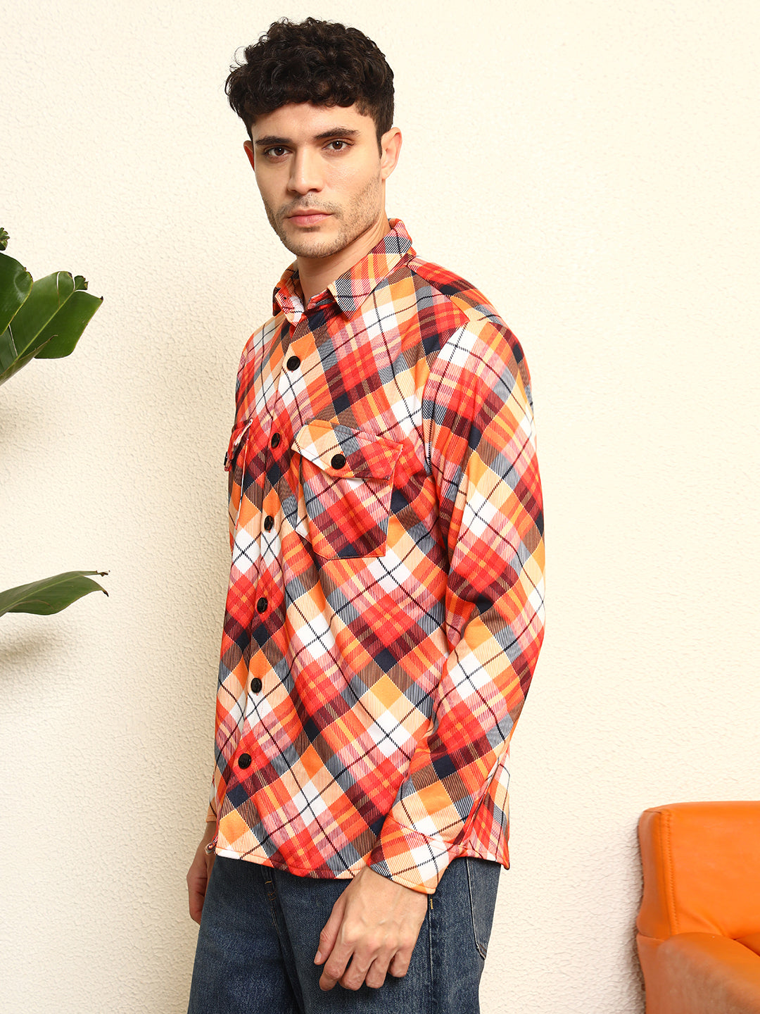 TANDUL Men's Striking Orange and Black Plaid Printed Shaket