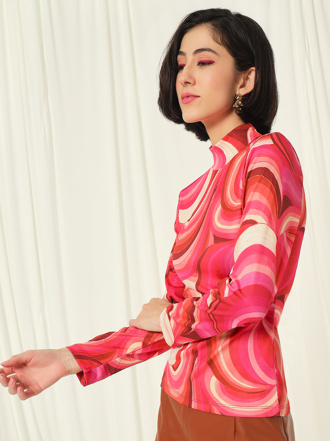 TANDUL Women Printed High Neck Pink Sweater
